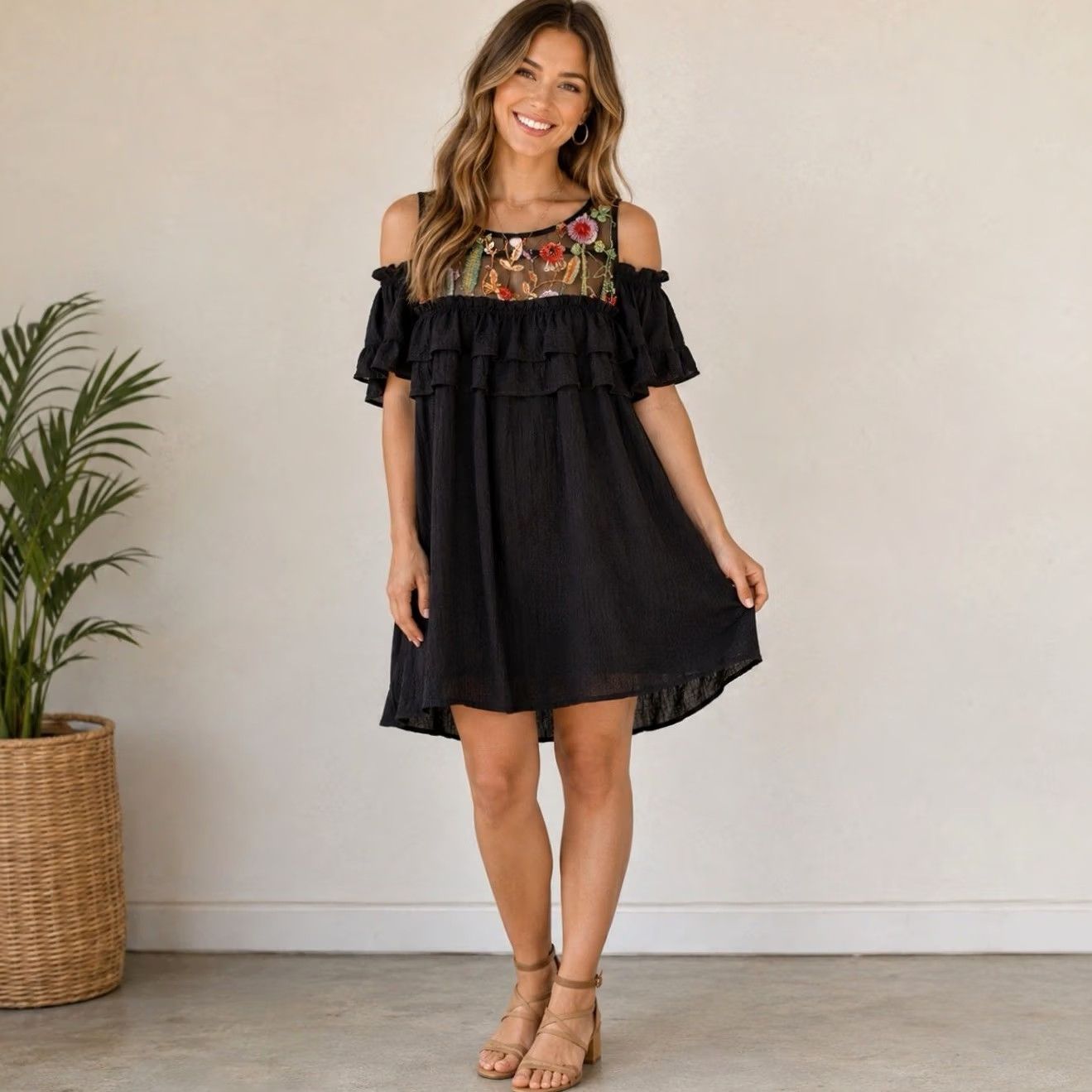 Vintage UMGEE Dress Womens S Black Floral Embroidered Off the Shoulder Gauzy Midi Shift Size S / US 4 / IT 40 - 2 Thumbnail