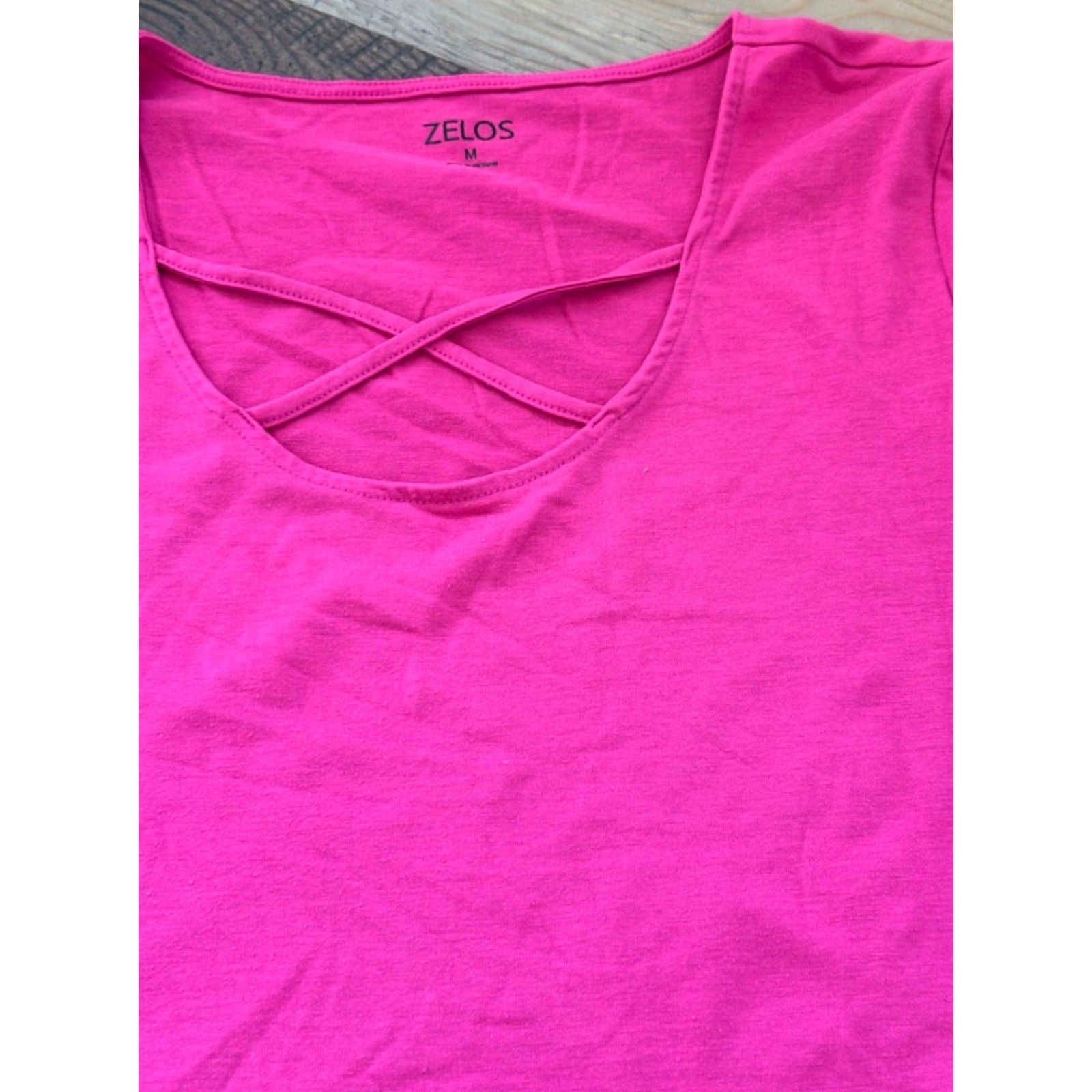 Vintage ZELLOS Knit Tee Pink Scoop Neck Short Sleeve Hi/Lo Hem Criss-Cross Straps Size Medium Womens Size M / US 6-8 / IT 42-44 - 4 Thumbnail