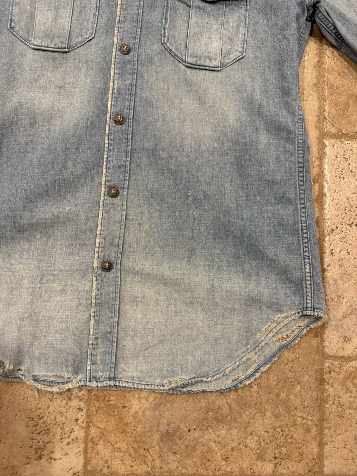 Balmain Balmain SS18 Distressed Light Blue Wash Denim Button Shirt Size US L / EU 52-54 / 3 - 7 Thumbnail