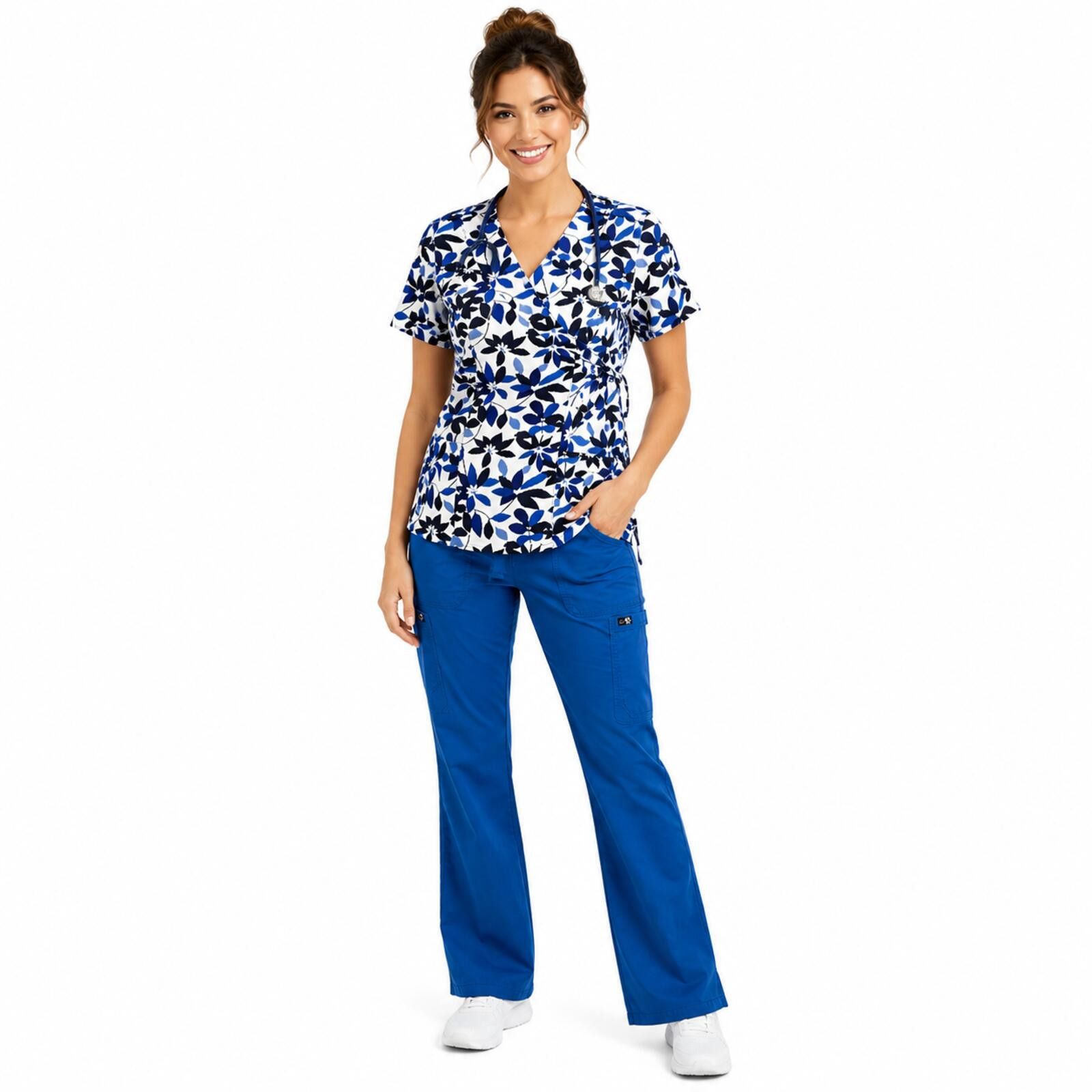 Other Landau Kathy Peterson Scrub Set Top Blue Floral S/M Med Size 30" / US 8 / IT 44 - 1 Thumbnail