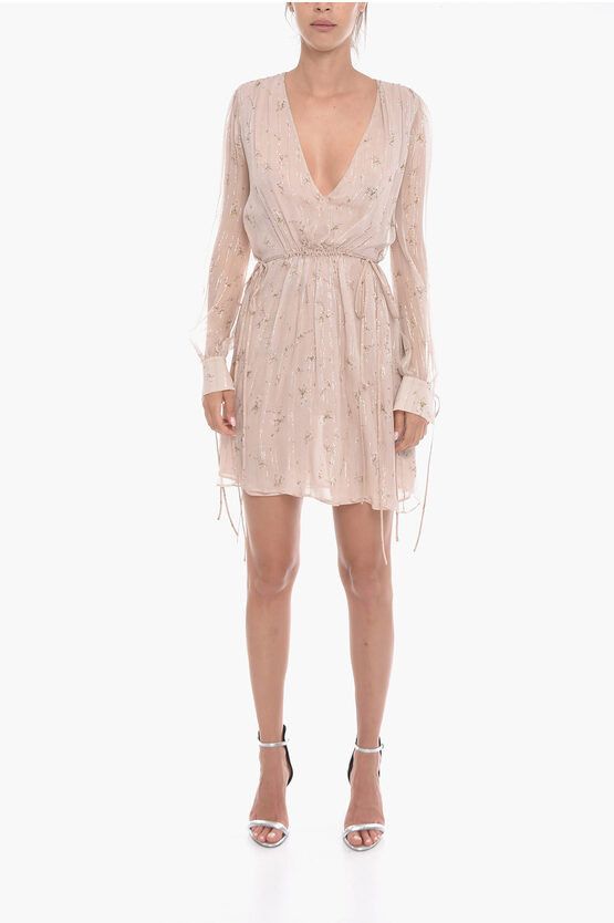 image of Amiri Floral Patterned Silk Chiffon Dress With Drawstring in Pink, Women's (Size Small)