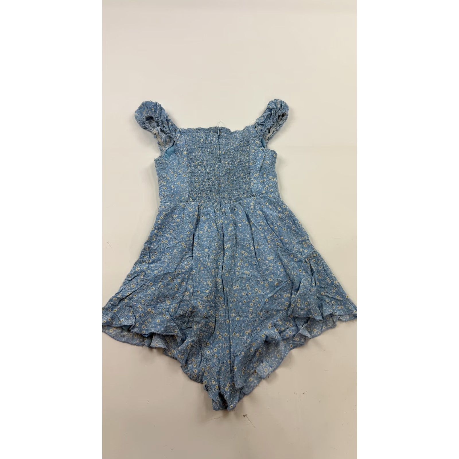 Princess Polly Romper Womens 4 Blue Daisy Floral Puff Sleeve Smocked Ruffle Hem