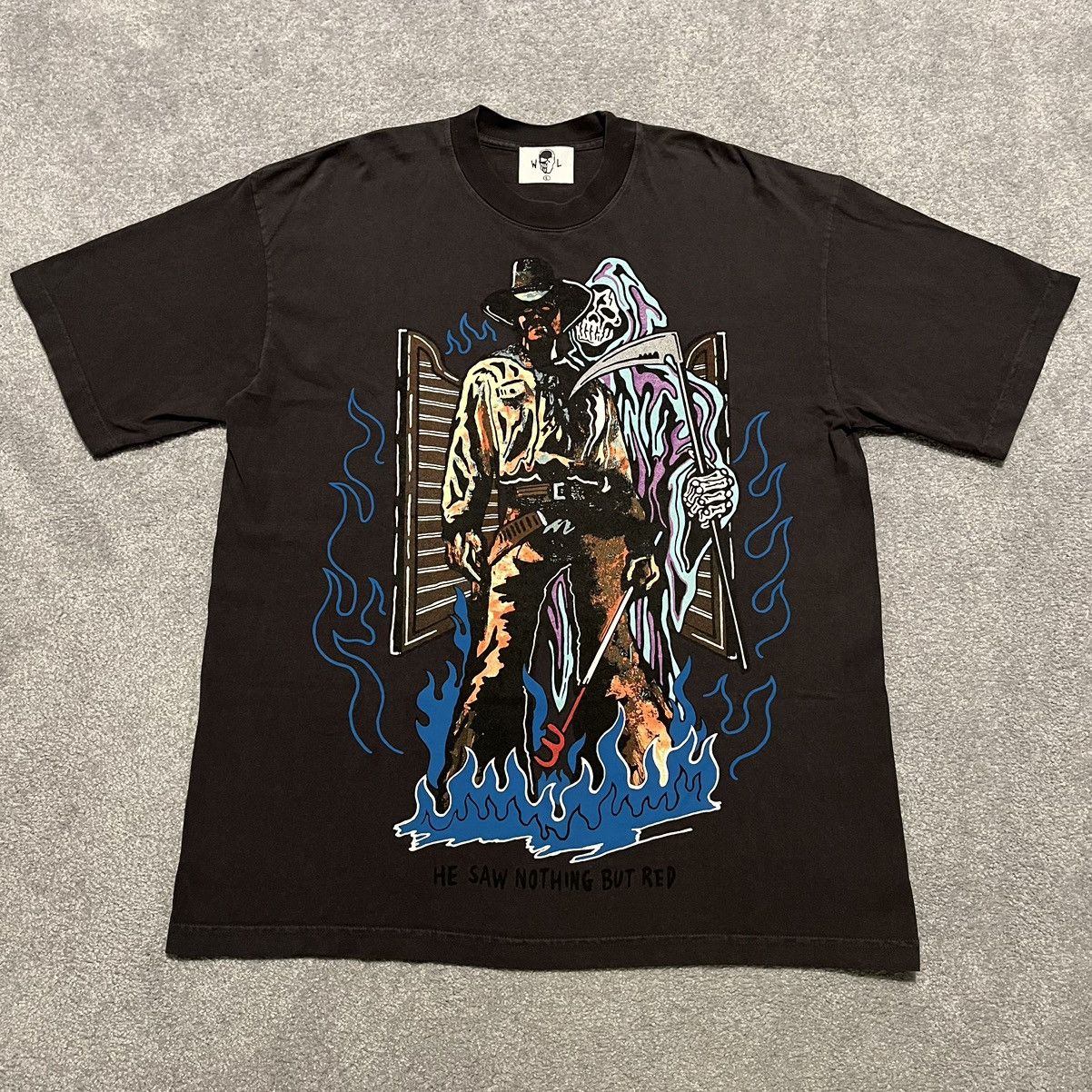 image of Warren Lotas Nothing But Red Cowboy Graphic Logo Tee Shirt in Black Stone Wash, Men's (Size Large)
