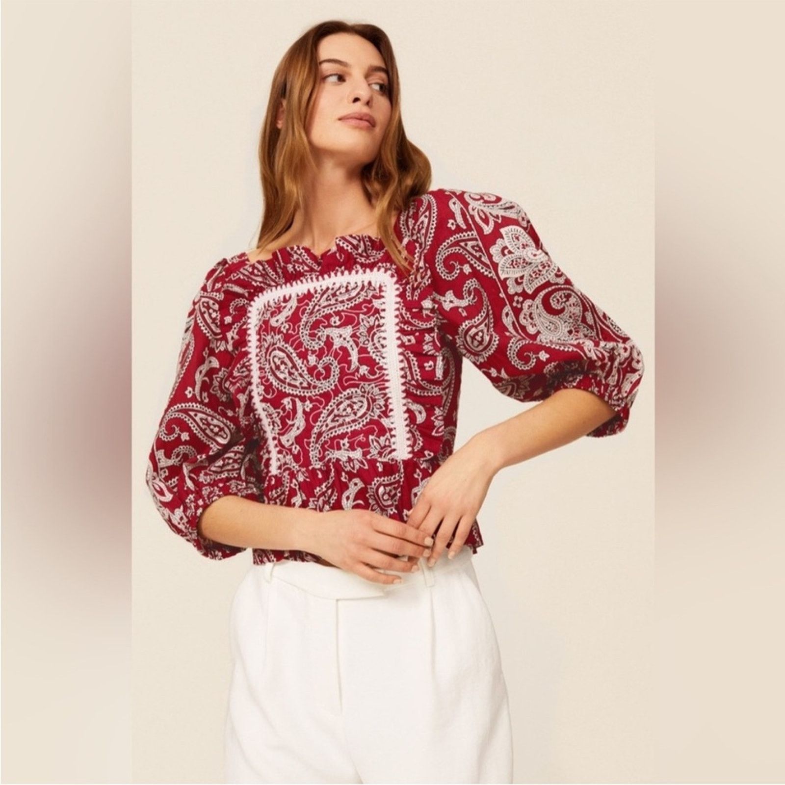 Sea New York Sea New York Red Theodora Paisley Blouse with Lace Detail Size M / US 6-8 / IT 42-44 - 1 Thumbnail
