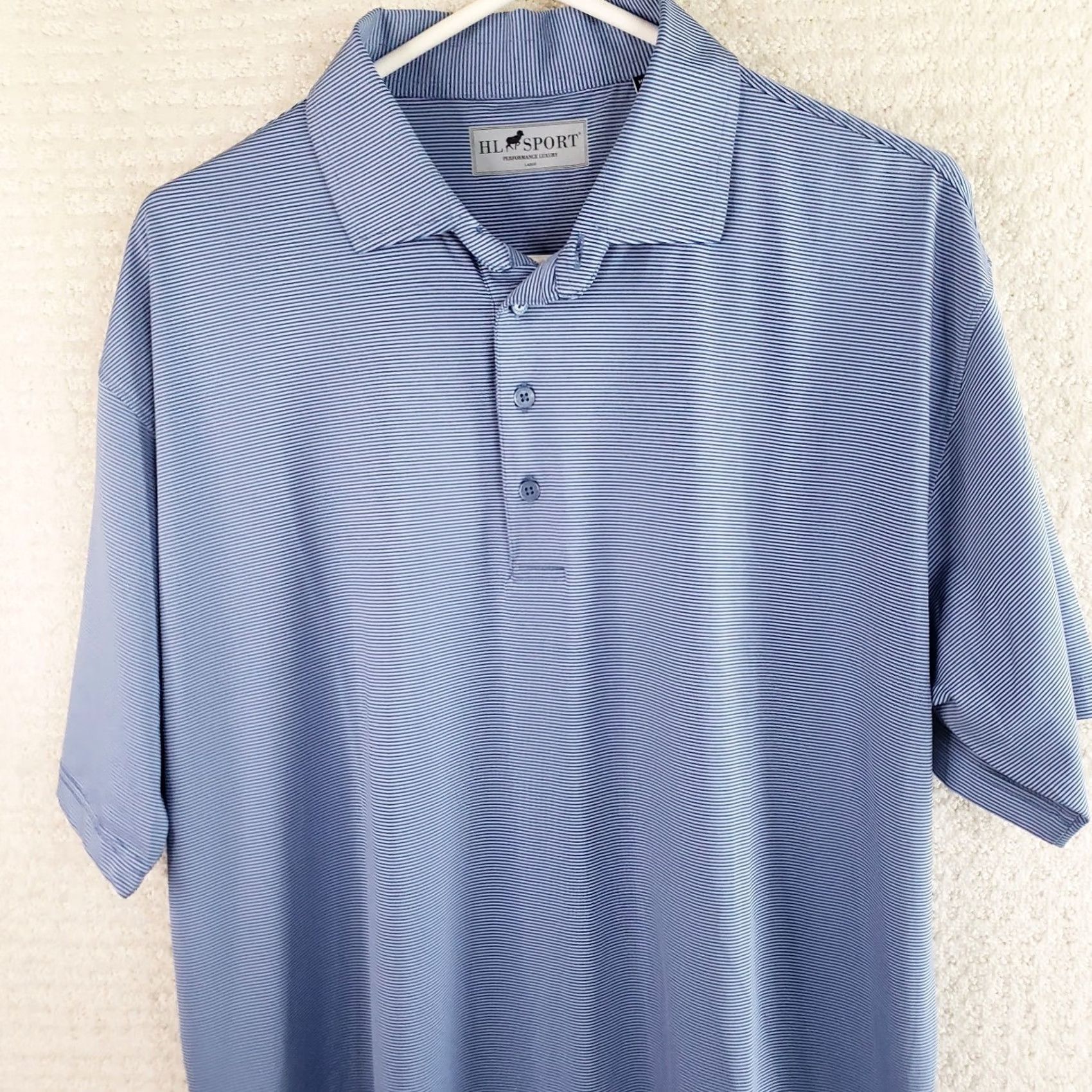 Vintage HL Sport Polo Shirt Men’s L Navy Blue White Striped Short Sleeve Performance Golf Casual Shirt Size US L / EU 52-54 / 3 - 3 Thumbnail