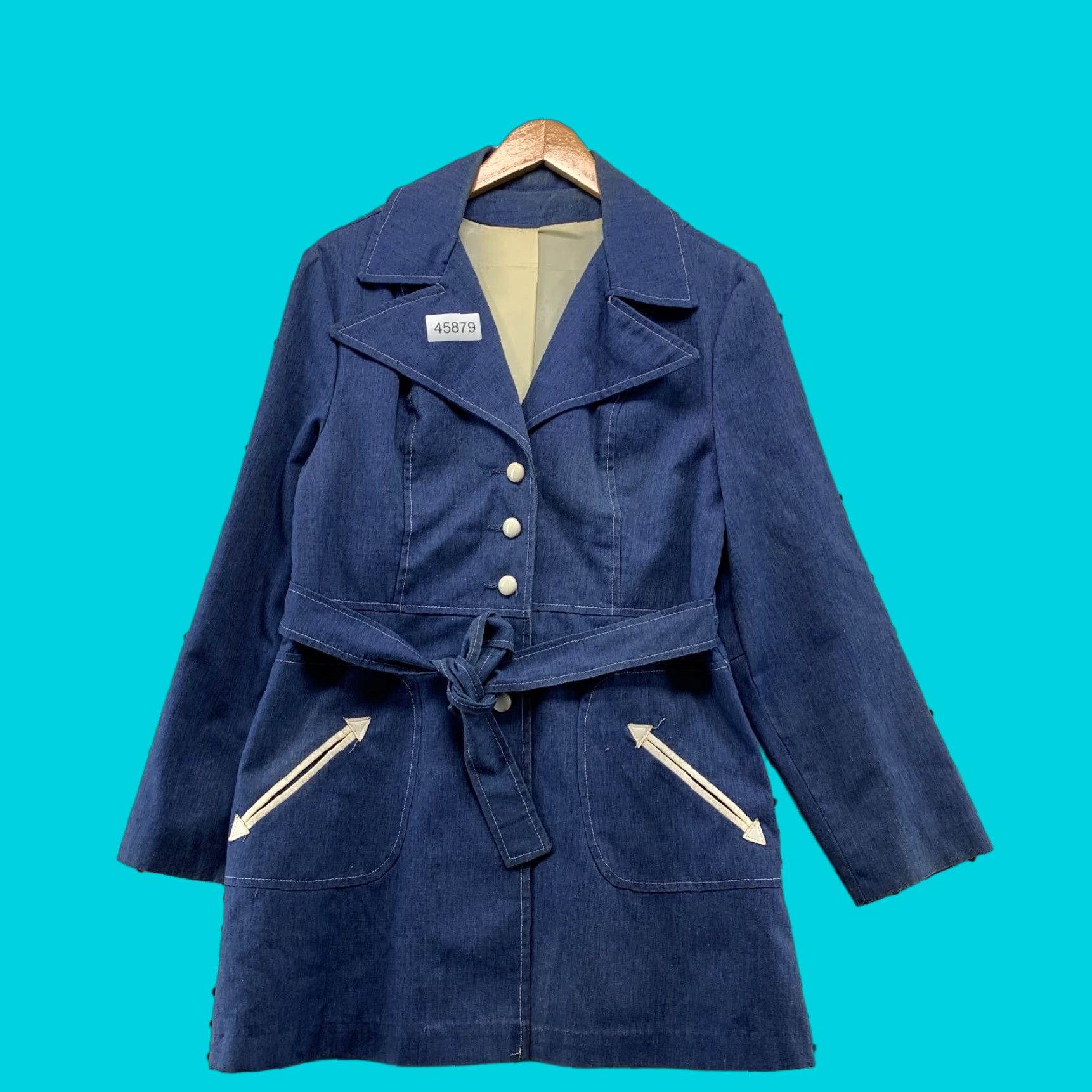 Denime VINTAGE Denim Trench Coat Womens M Belted 70s MOD Disco USA Blue Shirt Coat Mens? Size M / US 6-8 / IT 42-44 - 1 Thumbnail