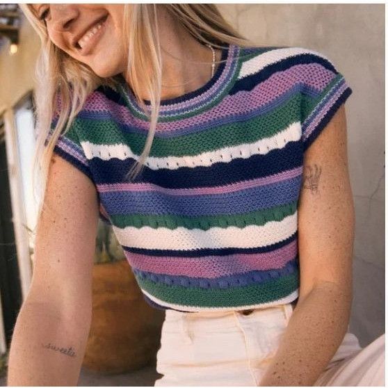 Marine Layer Marine Layer Rory Crochet Vest Cool Stripe Sleeveless Top Kn Size S / US 4 / IT 40 - 1 Thumbnail