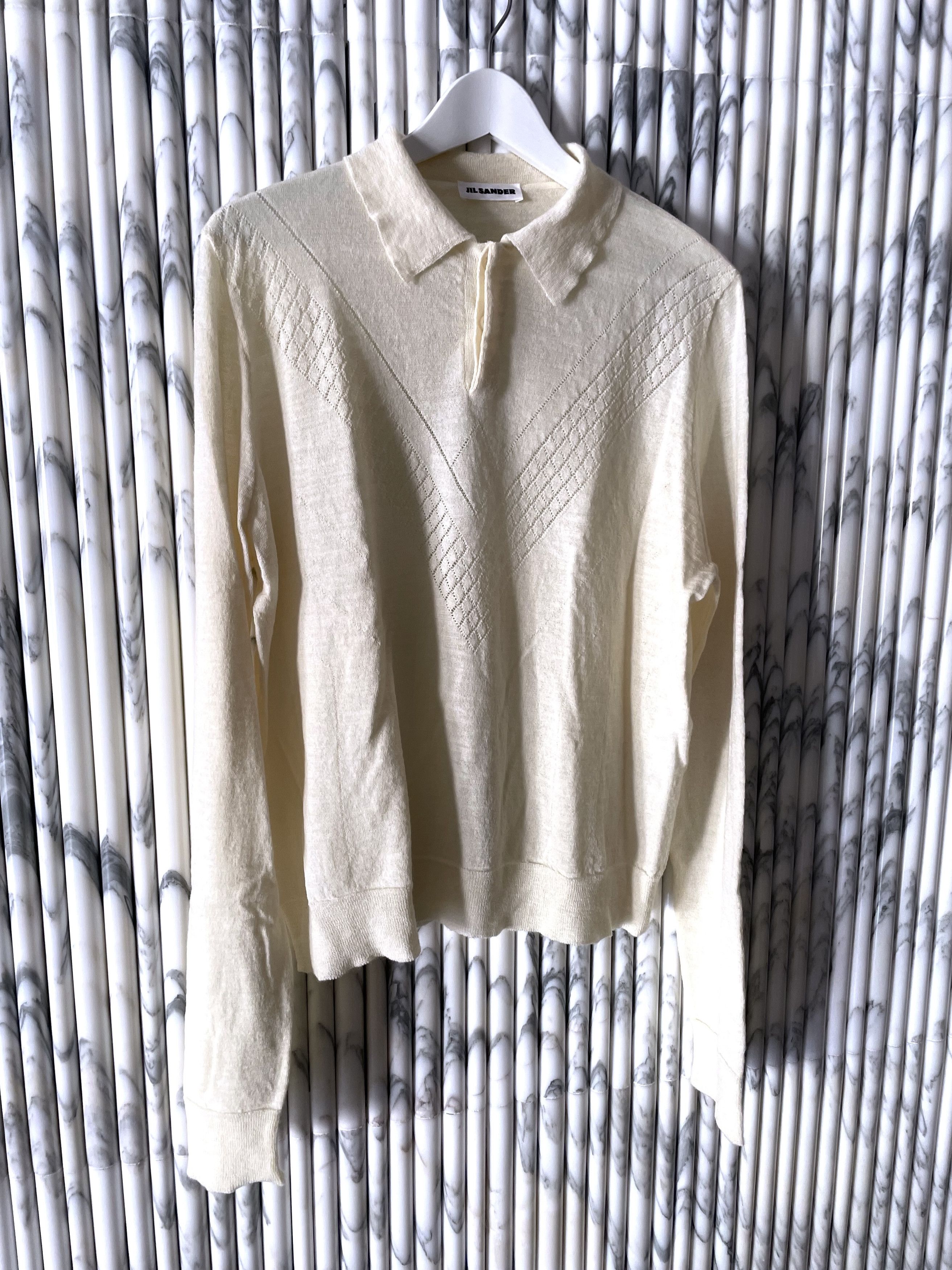 Jil Sander CHEVRON LADDER STITCHED OFF WHITE WOOL POLO SWEATER Size US M / EU 48-50 / 2 - 4 Thumbnail