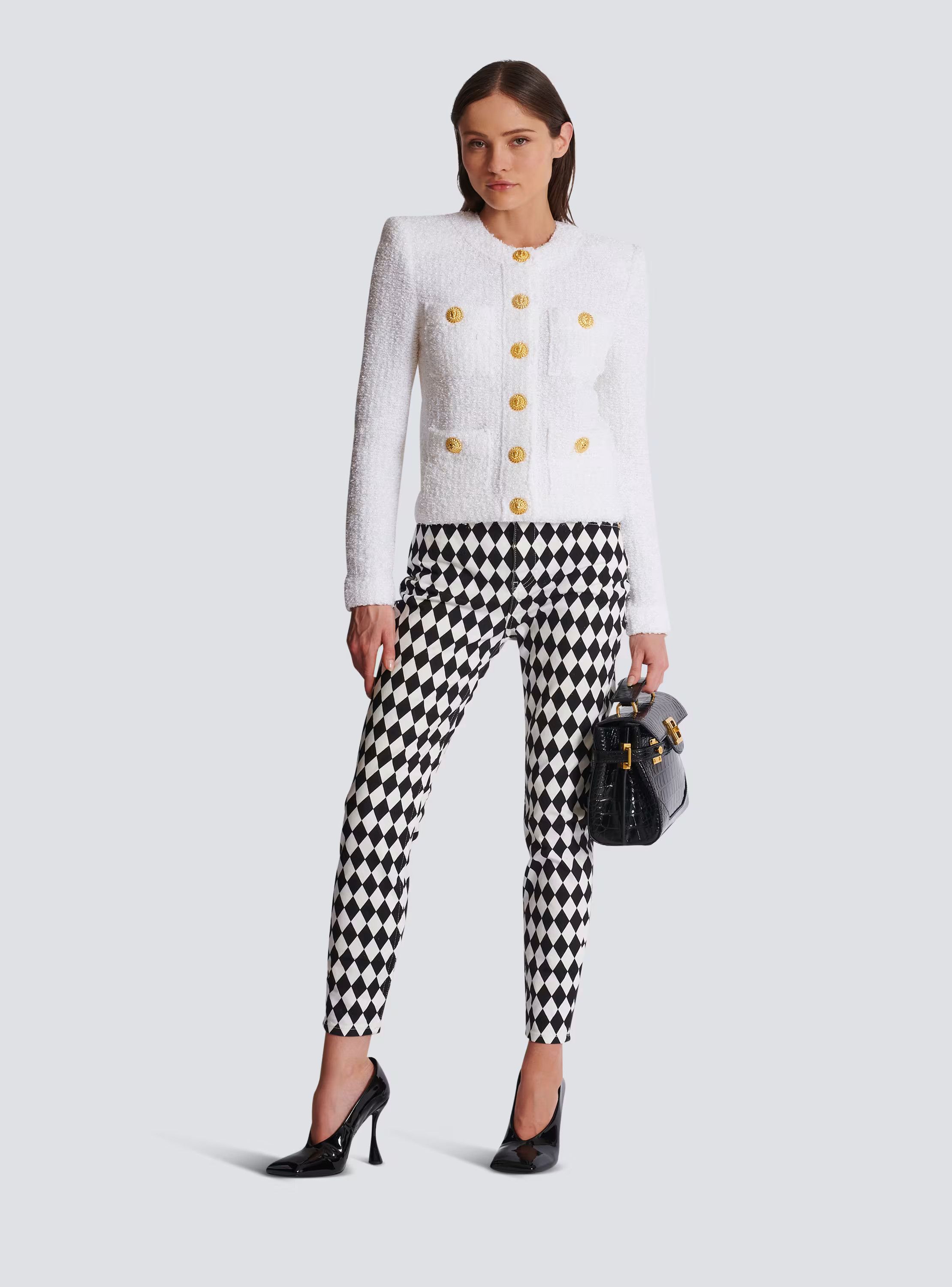 Balmain o1w1db10624 Colarless 4PKTS Tweed Jacket in White Size S / US 4 / IT 40 - 3 Thumbnail