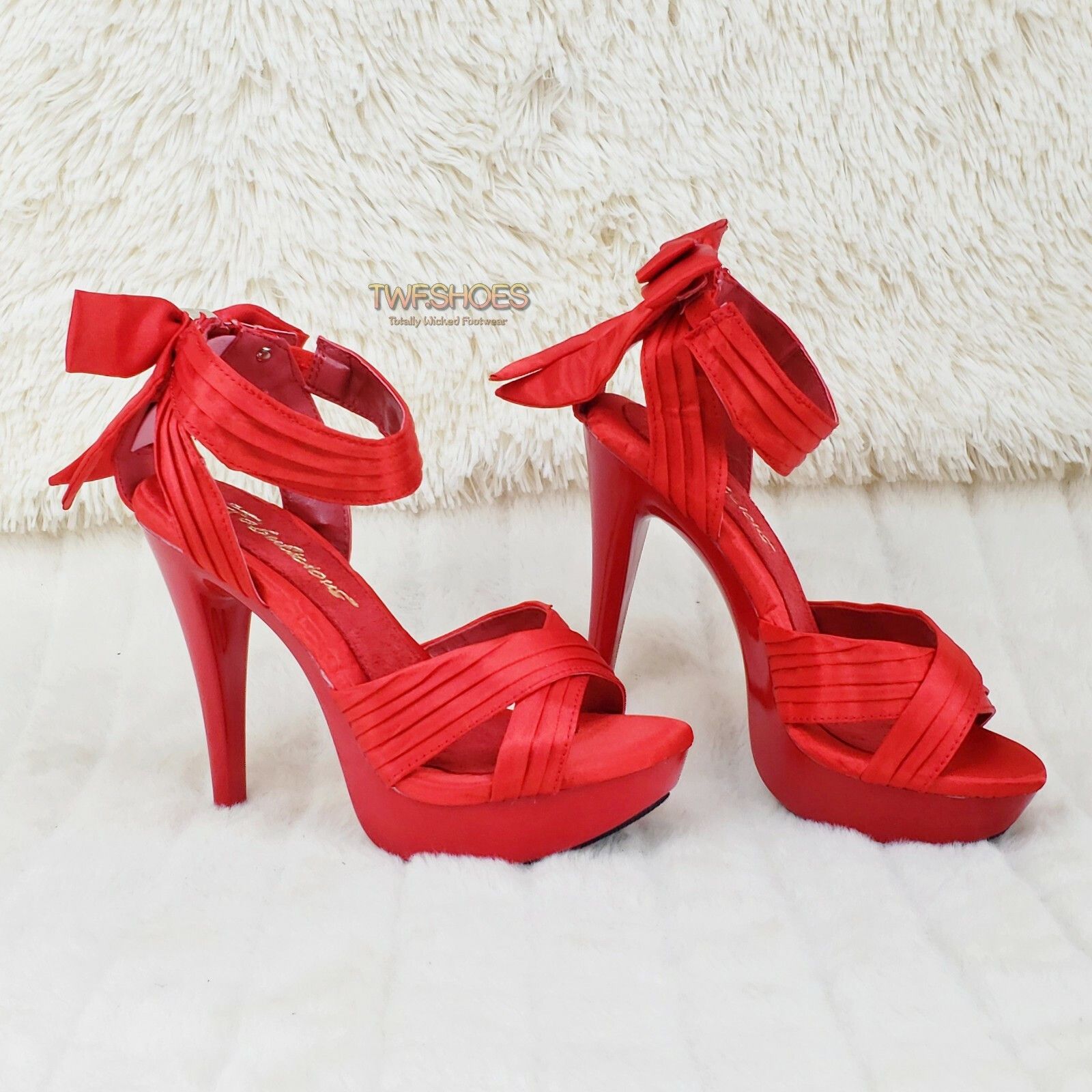 Other Cocktail 568 Red Pleated Satin Back Bow Platform Shoe 5" Hig Size US 8 / IT 38 - 2 Thumbnail
