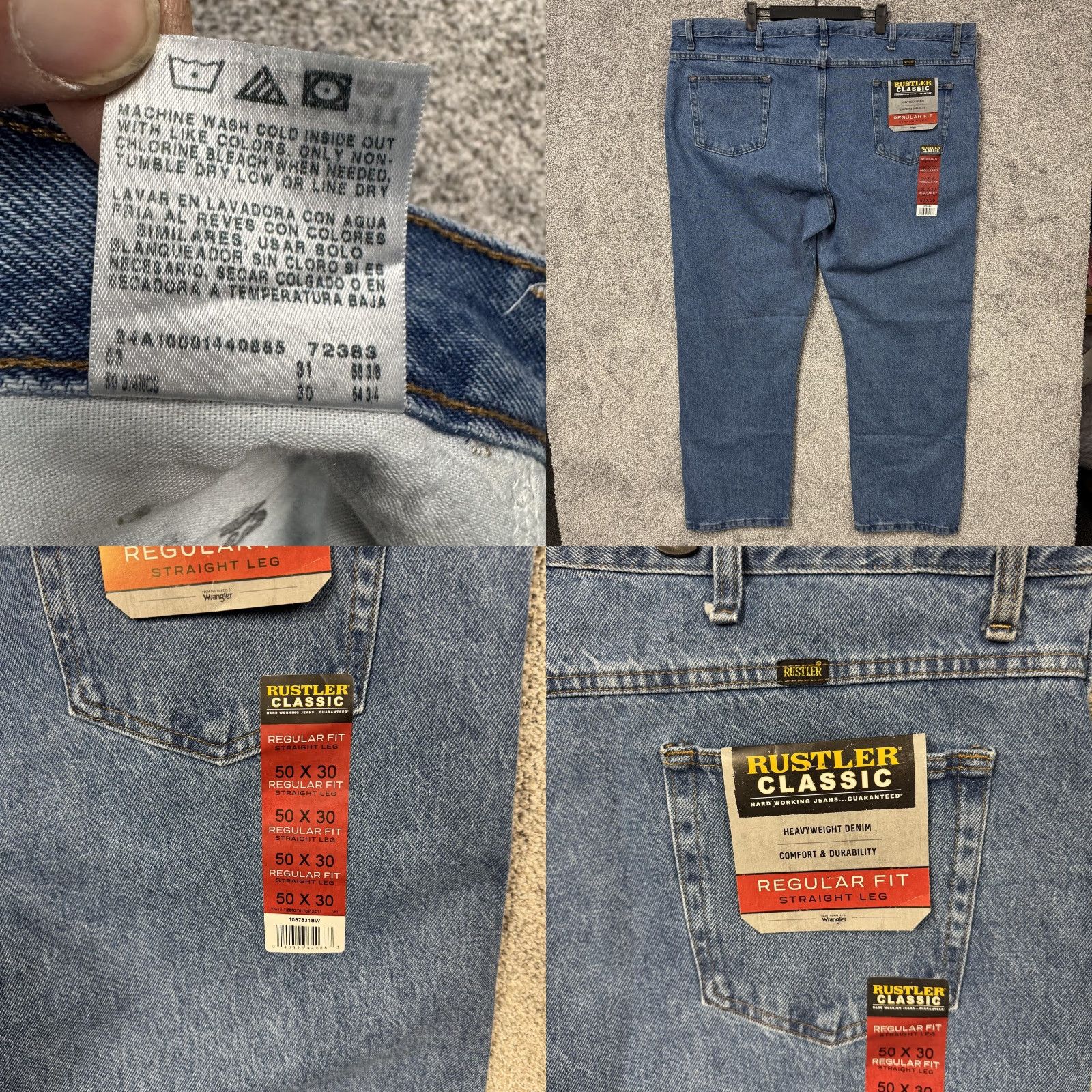 Denime Rustler Classic Jeans 50x30 Regular Fit Straight Leg Denim Workwear Comfort Mens Big & Tall Blue Cotton Denim Pockets Zip Front Size US 34 / EU 50 - 8 Thumbnail