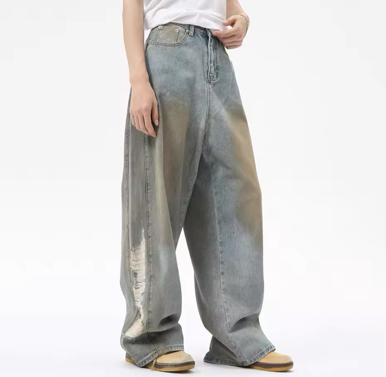 Designer × Vintage Streetwear Distressed Hole Loose Straight Jeans y2k Size US 29 - 3 Thumbnail