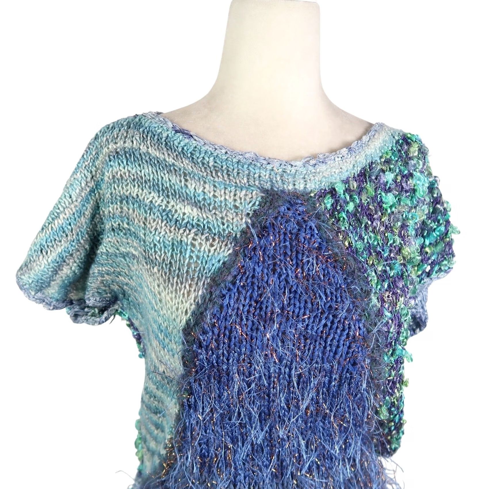 Vintage VINTAGE 90s Blue Sweater Knit Short Sleeve Patchwork Shaggy Eyelash M Womens Size M / US 6-8 / IT 42-44 - 2 Thumbnail