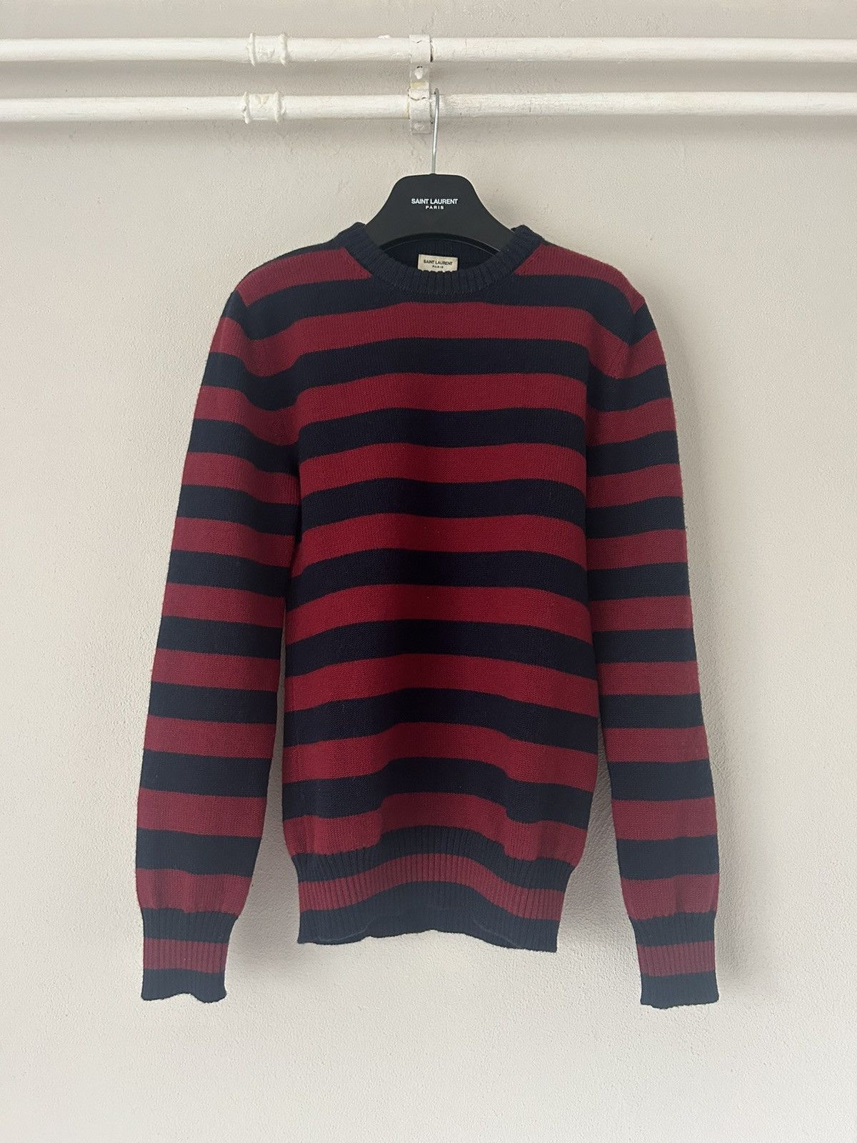 image of Saint Laurent Paris Navy/red Striped Wool Sweater, Men's (Size Medium)