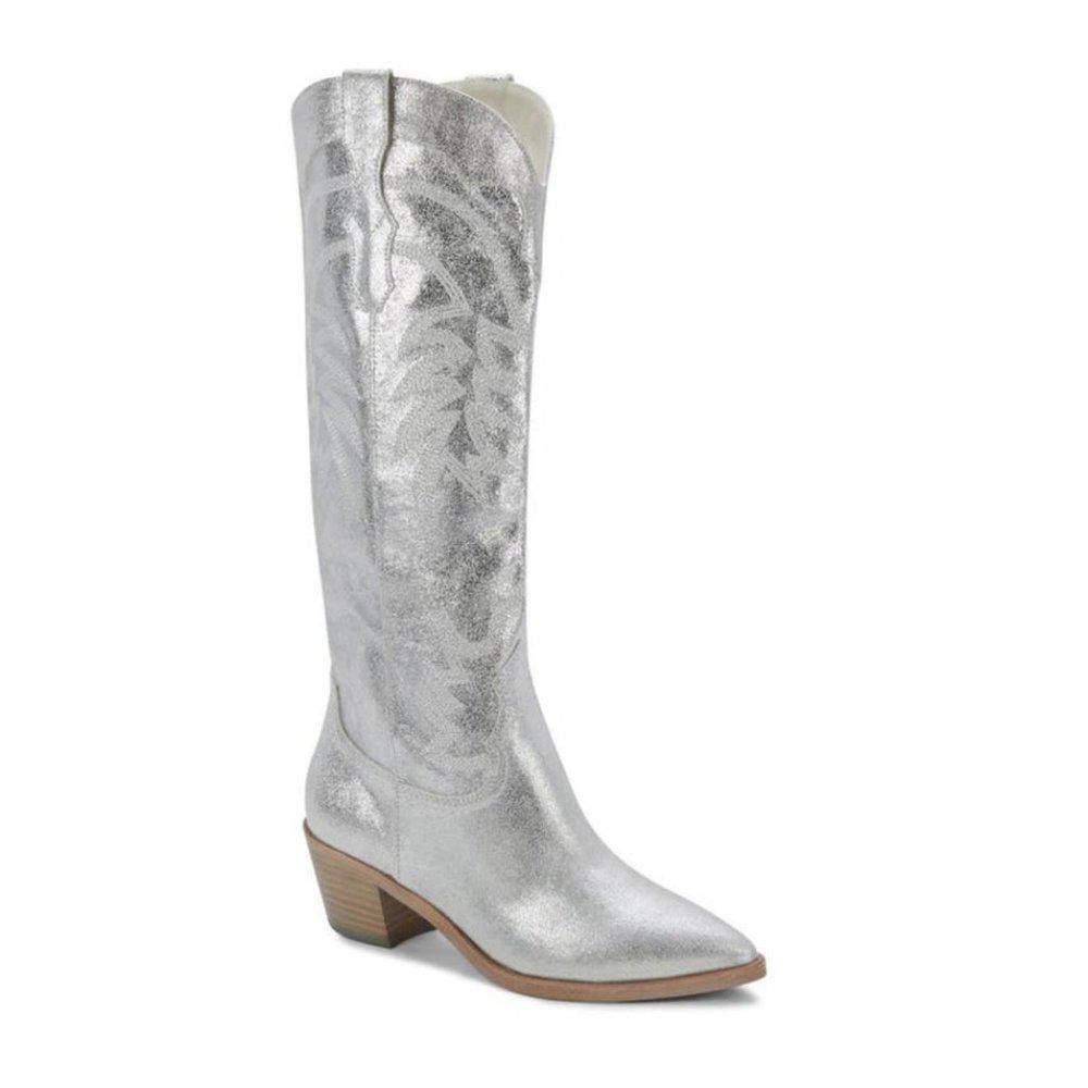 image of Dolce Vita Solida Western Boot In Silver Metallic Suede, Women's (Size 8)