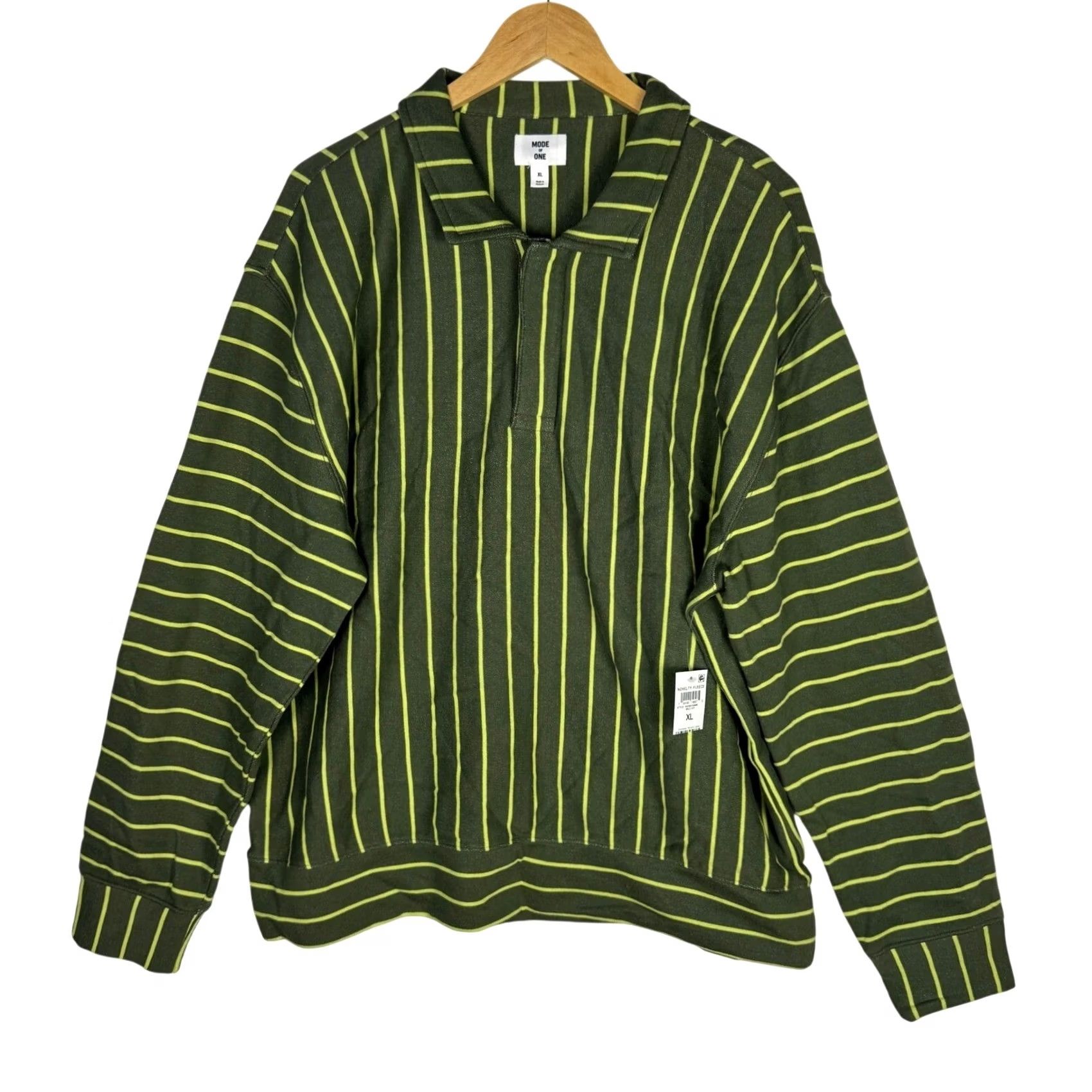 Vintage Mode of One Mens Relaxed Fit Polo Wild Ivy Striped French Terry Long Sleeve XL Green Size US XL / EU 56 / 4 - 2 Thumbnail