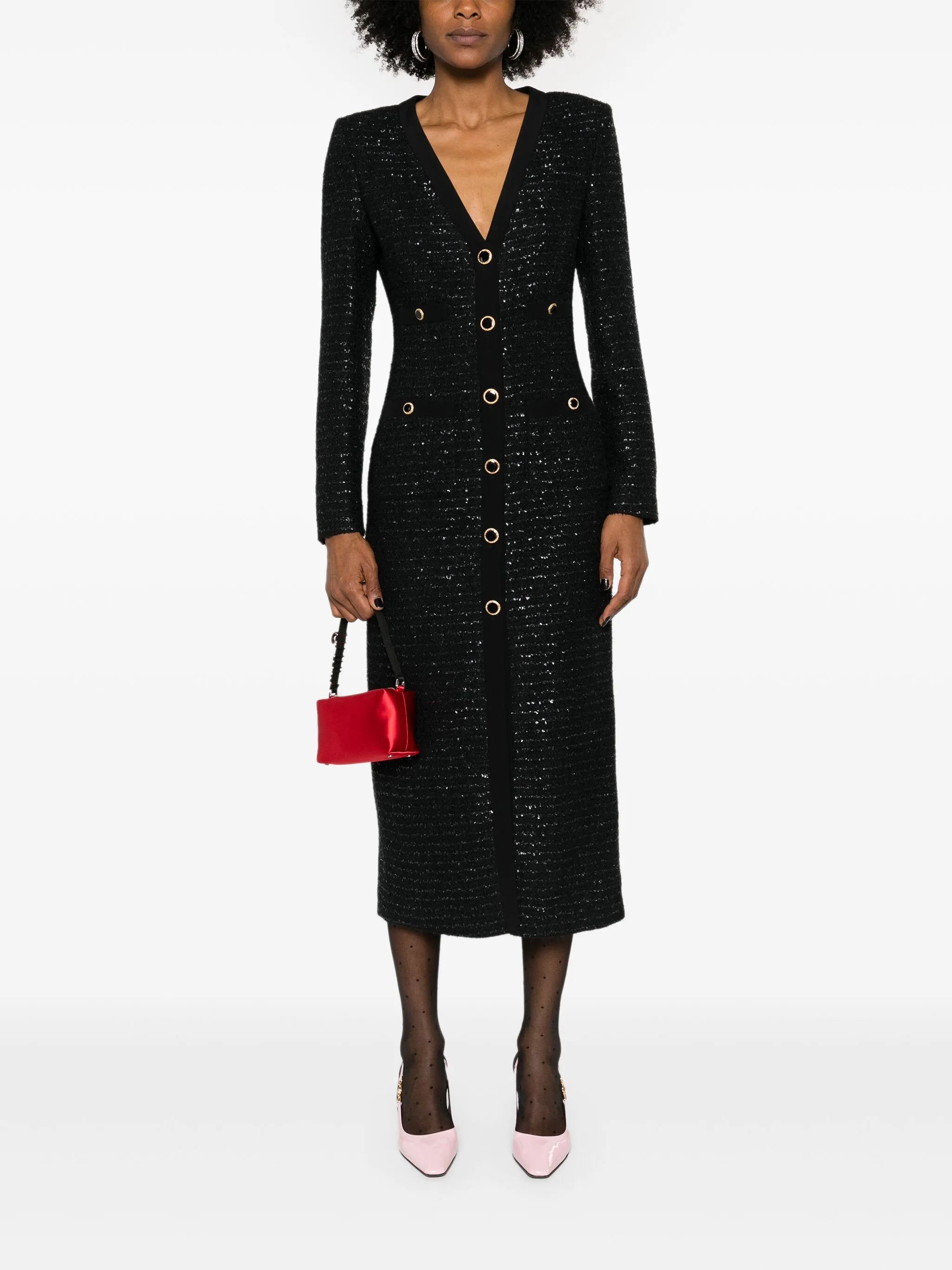 Alessandra Rich o1s22i1n0225 Midi Tweed Dress in Black Size M / US 6-8 / IT 42-44 - 2 Thumbnail