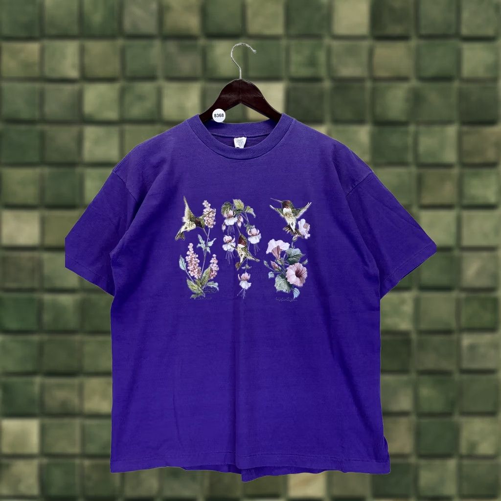Vintage VINTAGE Womens T Shirt USA Made Hummingbird Floral Graphic Large Purple 1990s Cotton Shirt Size L / US 10 / IT 46 - 1 Thumbnail