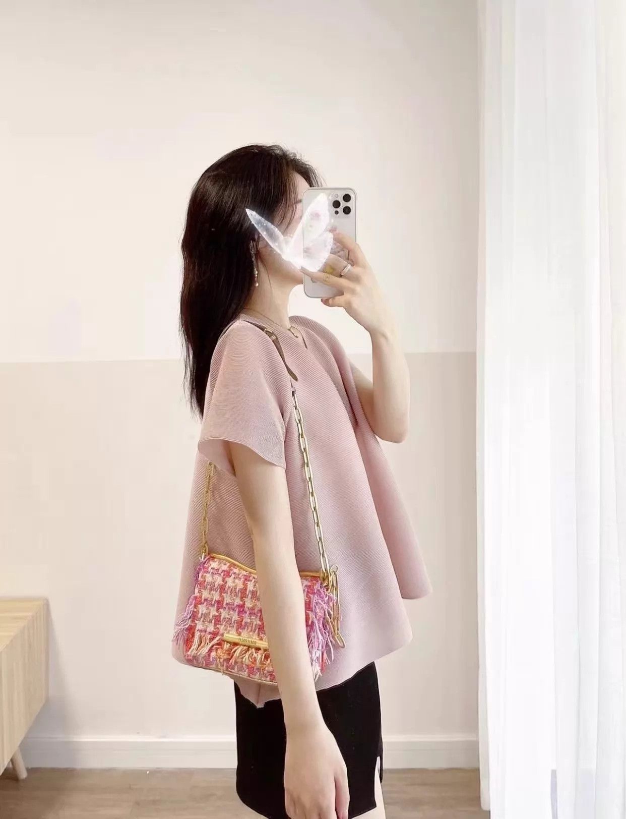 Miu Miu MIU MIU Pink Orange Houndstooth Fringed Chain Underarm Bag Size ONE SIZE - 3 Thumbnail