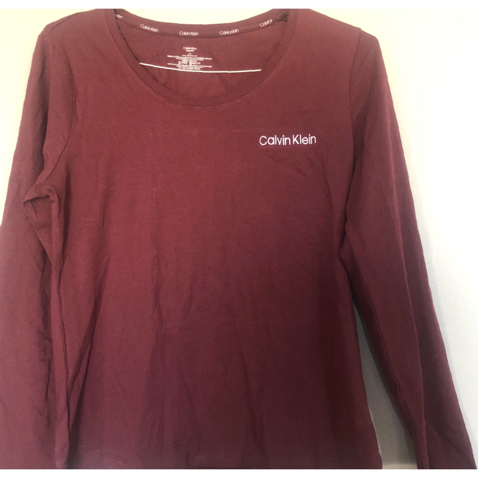 Calvin Klein Calvin Klein Logo Women’s Red Long Sleeve Shirt L Large Knit Cotton Blend Round Neck Solid Sleepwear Top Size L / US 10 / IT 46 - 2 Thumbnail