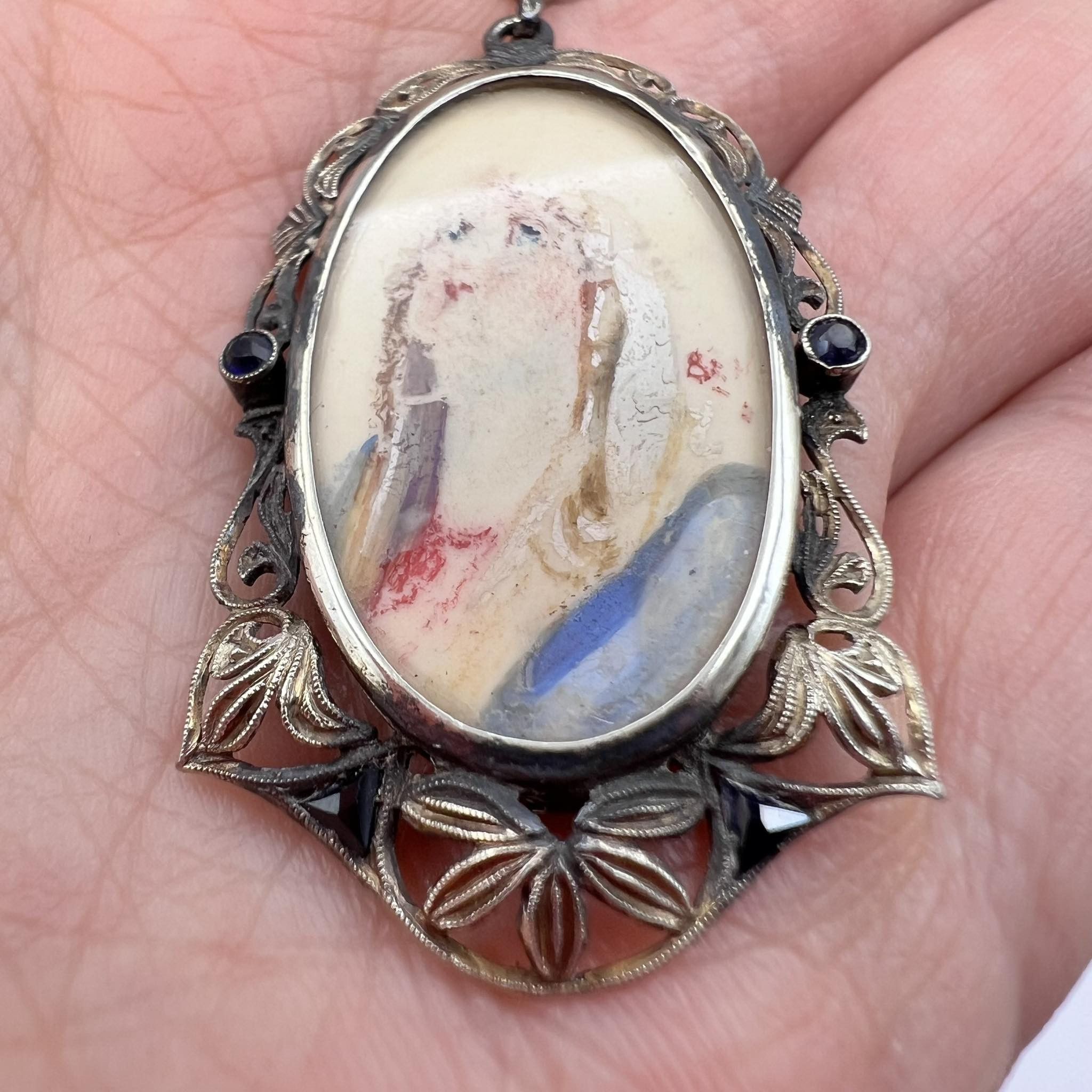 Vintage Antique Christian Pendant Mary Gilt Silver 800 Sapphire Size ONE SIZE - 4 Thumbnail