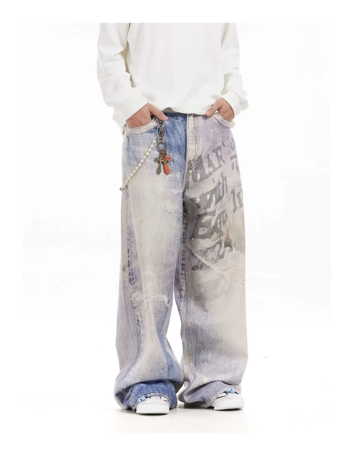 Designer × Jean Design Washed Blue Baggy Jeans Vintage Retro Size US 34 / EU 50 - 2 Thumbnail