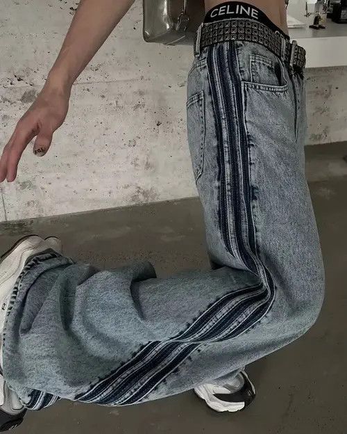 VIBE Avant garde fashion acid wash side striped baggy jeans pants Size US 32 / EU 48 - 5 Thumbnail