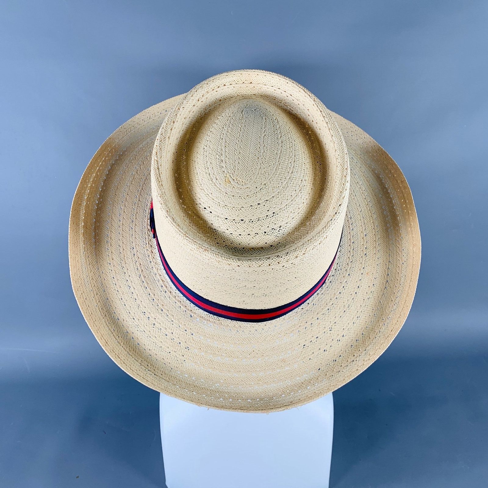 Vintage VINTAGE Size L Beige Navy Red Ribbon Trim Woven Straw Hat Size ONE SIZE - 4 Thumbnail
