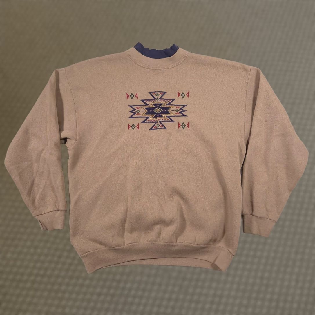 Tultex Tultex Sweatshirt Mens Large Beige Mock Neck Tribal Embroidered Fleece Pullover Size US L / EU 52-54 / 3 - 1 Thumbnail