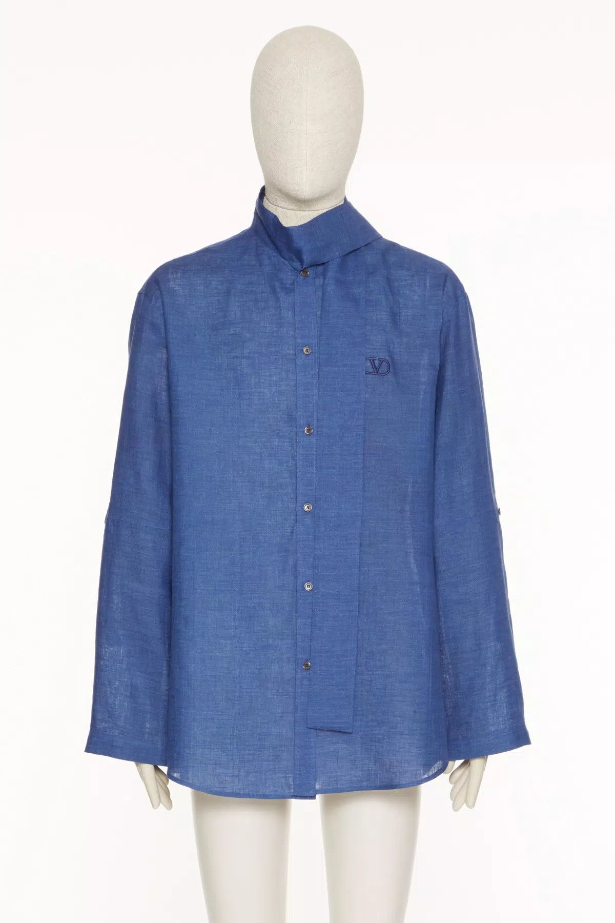 Valentino oc11z0725 Linen Shirt With Scarf Collar in Cobalt Blue Size US XL / EU 56 / 4 - 1 Preview