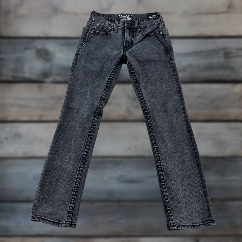 Vintage Salvage Jeans Mens 29x30 Black Havoc Straight Slim Dark Wash Thick Stitch Stretch Buckle Bke 5-Pocket Denim Cotton Slimming Jeans Brand Salvage Size US 29 - 1 Thumbnail