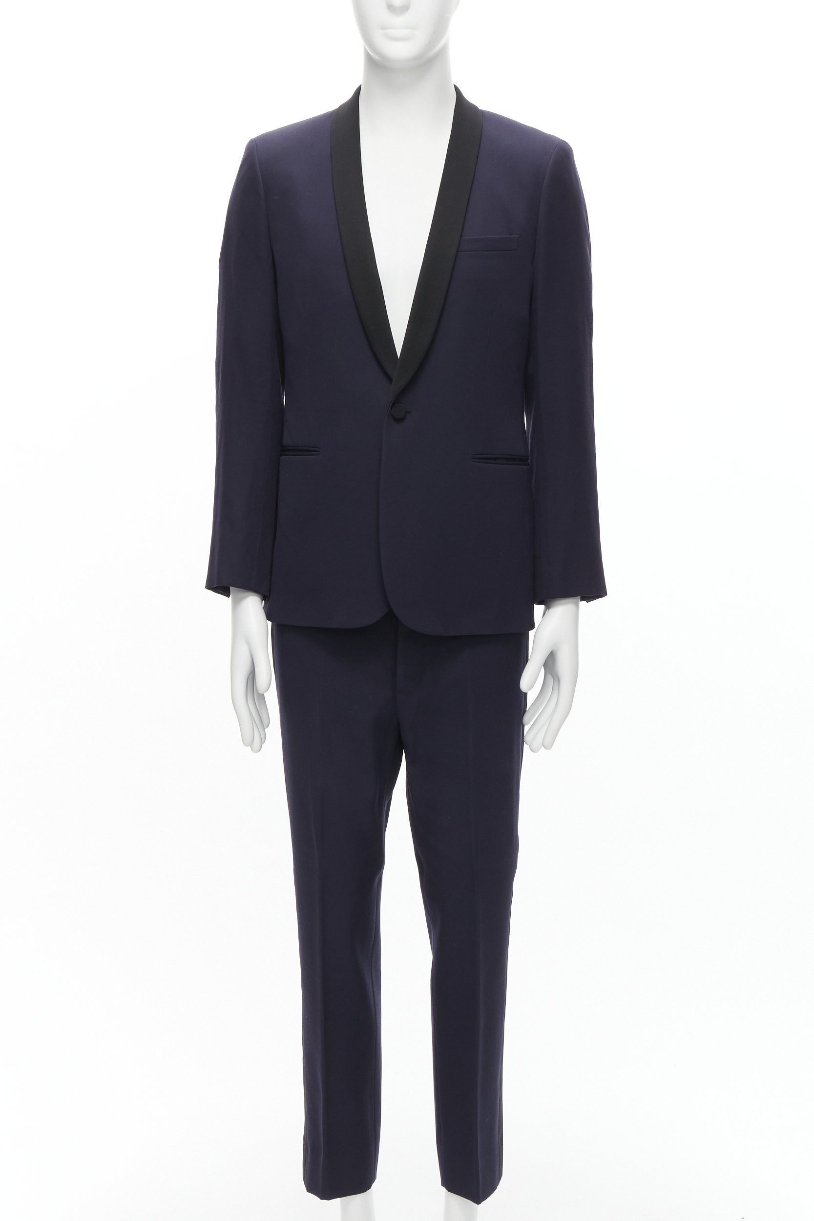 Saint Laurent Paris SAINT LAURENT virgin wool navy classic satin shawl collar tux blazer suit EU50 L Size 50R - 1 Thumbnail