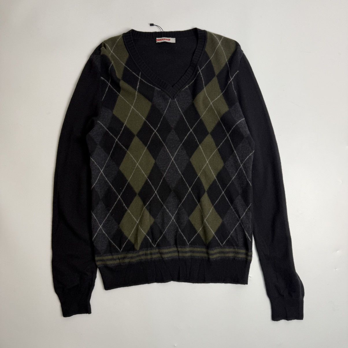 Prada Black Argyle Wool V-Neck Long Sleeve
