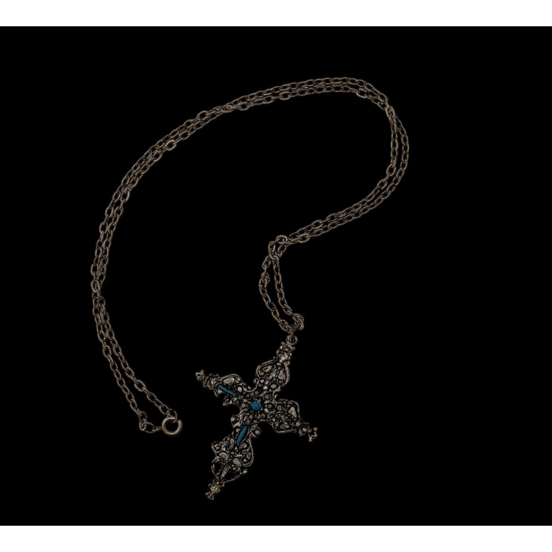 Other Vintage Gothic Ornate Silver Tone Cross Necklace With Blue S Size ONE SIZE - 5 Thumbnail