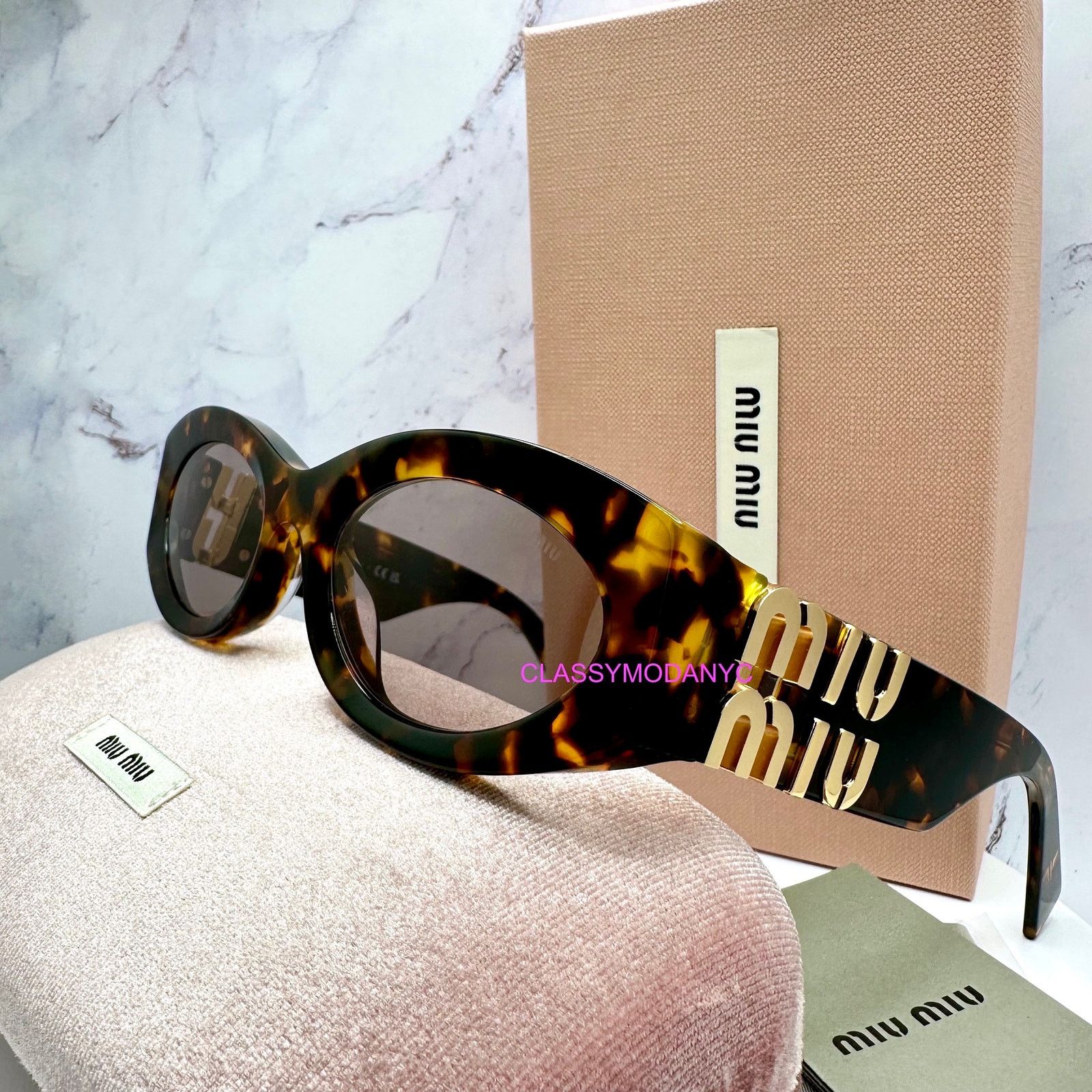 Miu Miu New MIU MIU Sunglasses Brown Tortoise Shell Oval Gold Logo Size ONE SIZE - 8 Thumbnail
