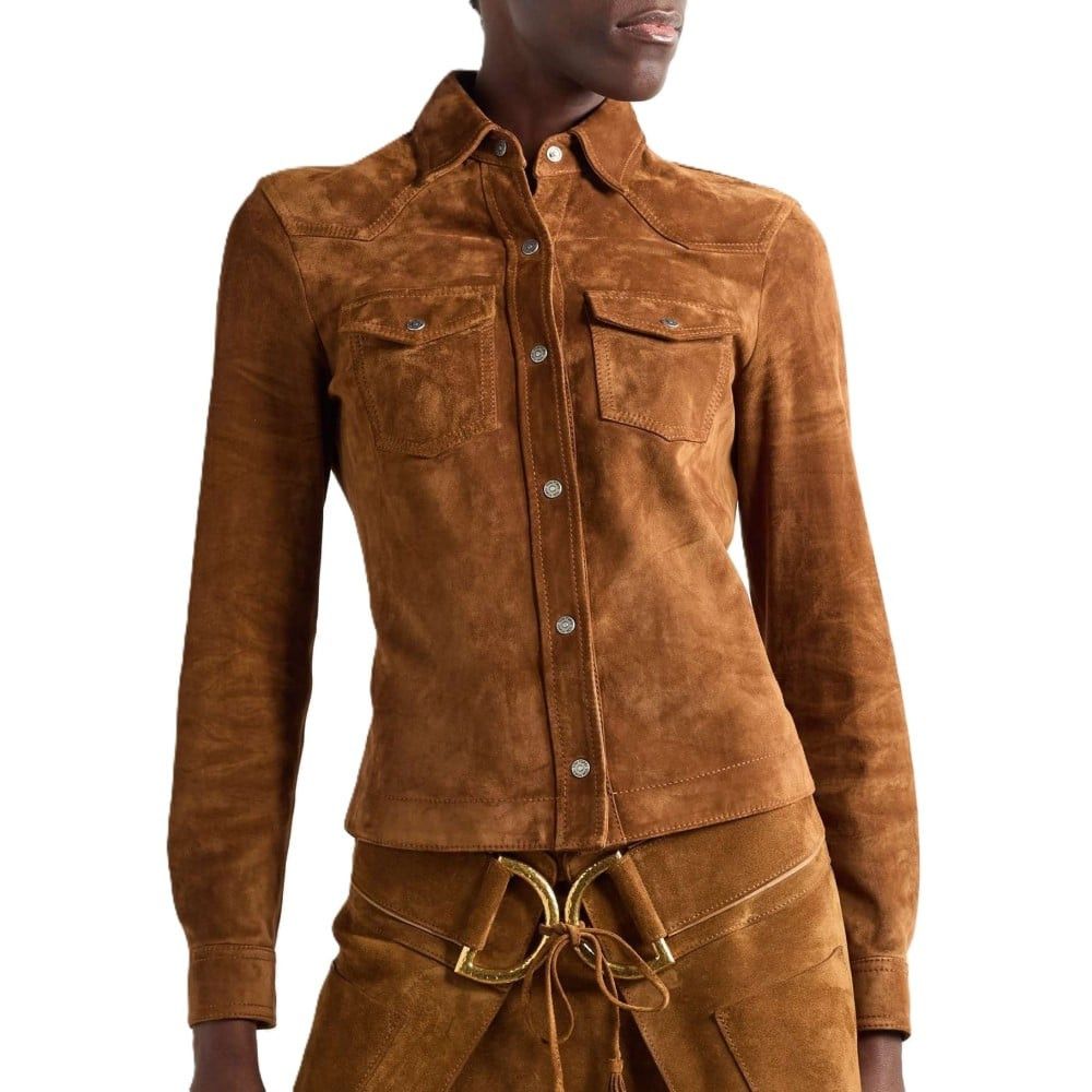 Tom Ford o1loc1c0226 CAL564 Cashmere Suede Western Shirt in Brown Size S / US 4 / IT 40 - 2 Thumbnail
