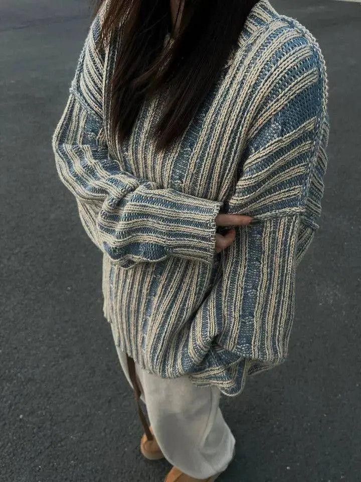 Vintage Gray Oversized Striped Pullover Sweater, Vintage Knitwear Size US L / EU 52-54 / 3 - 3 Thumbnail