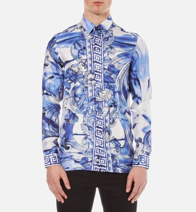 image of Gianni Versace x Versace Collection Trend Tie Dye Baroque Silk Shirt in Blue/White (Size Large)