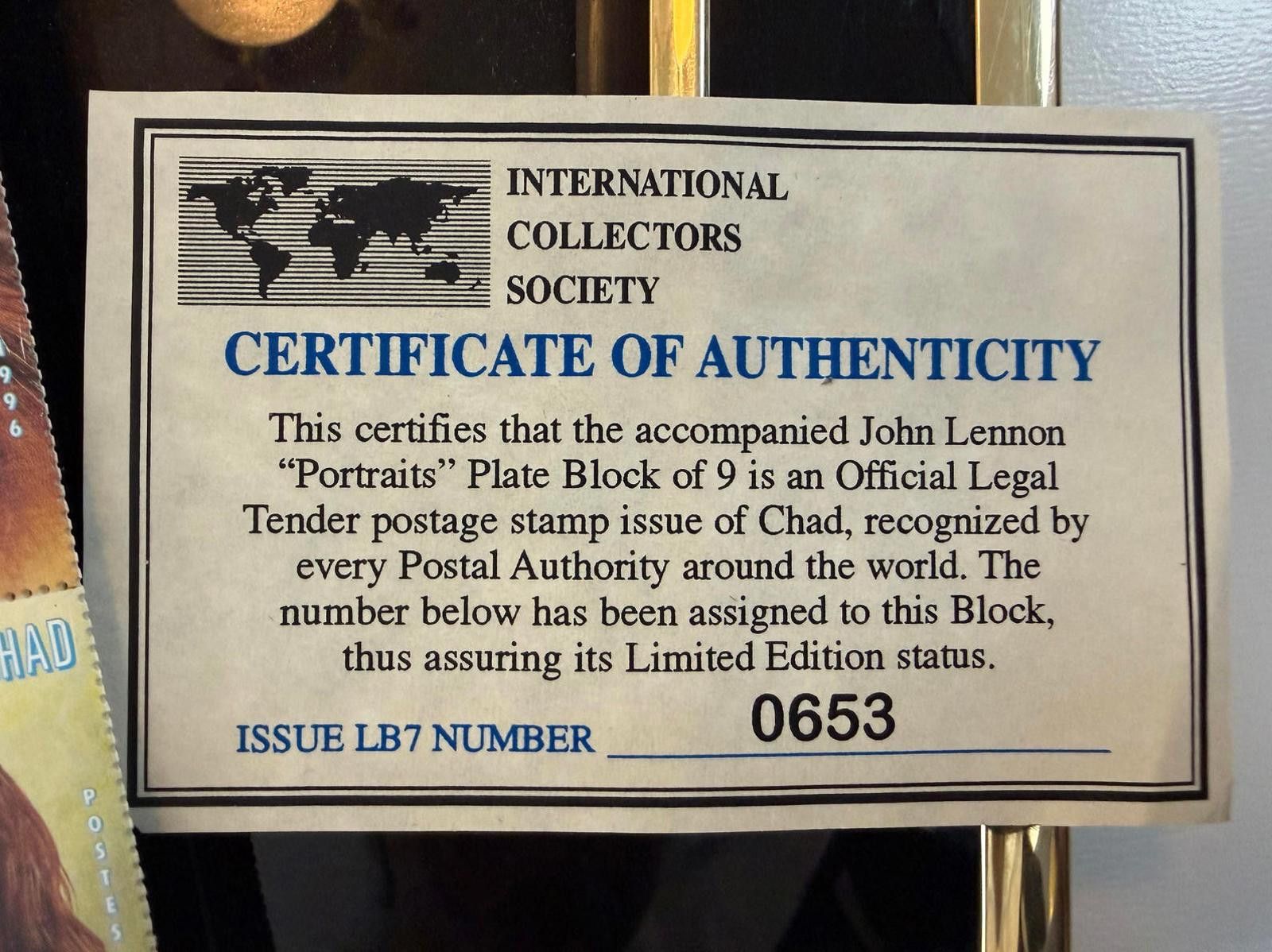 Other RARE John Lennon Ephemera - Chad 9-Stamp Plate + Frame + COA Size ONE SIZE - 3 Thumbnail