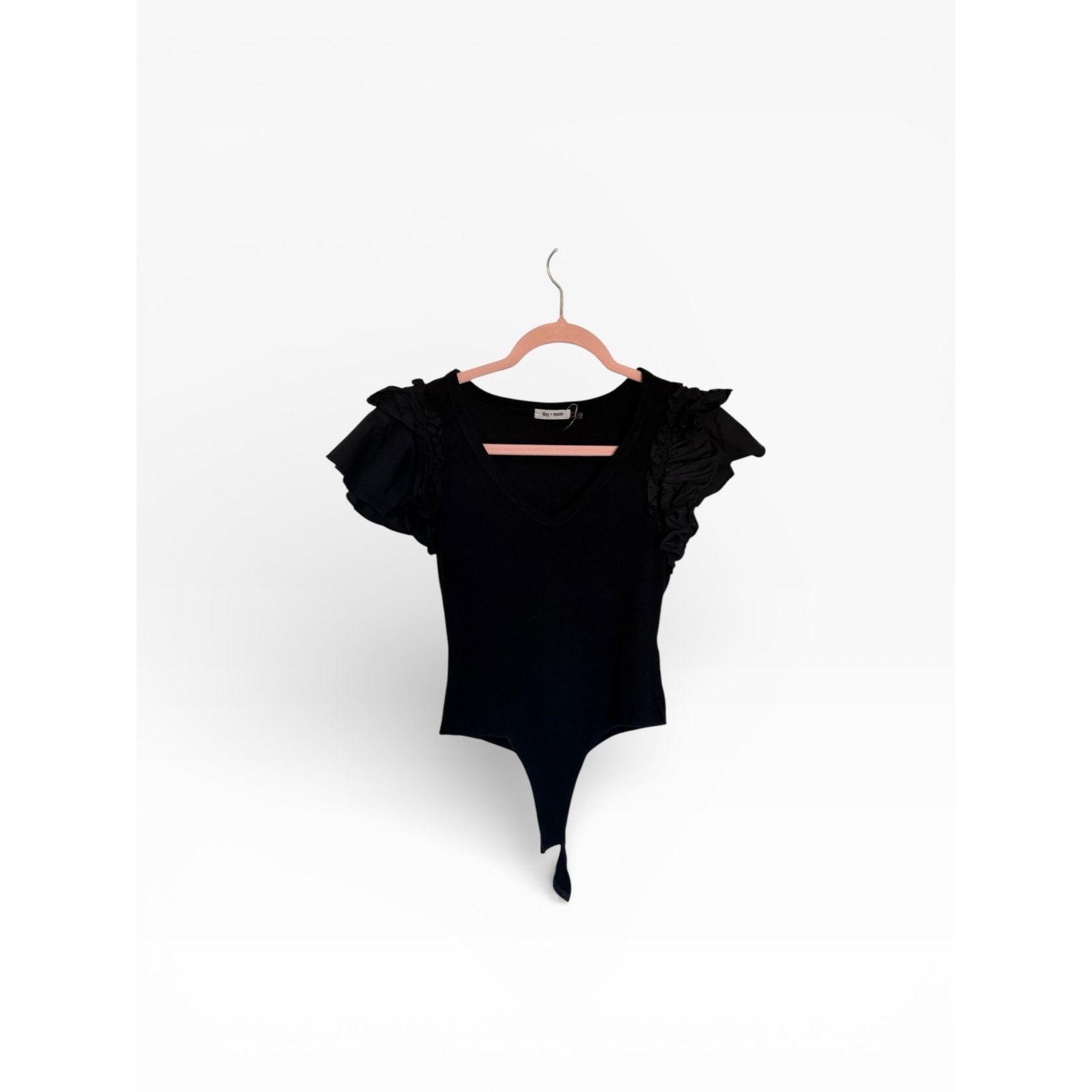 Other Day+Moon Solid Black Short Sleeve Ruffle V-Neck Bodysuit Size M / US 6-8 / IT 42-44 - 3 Thumbnail