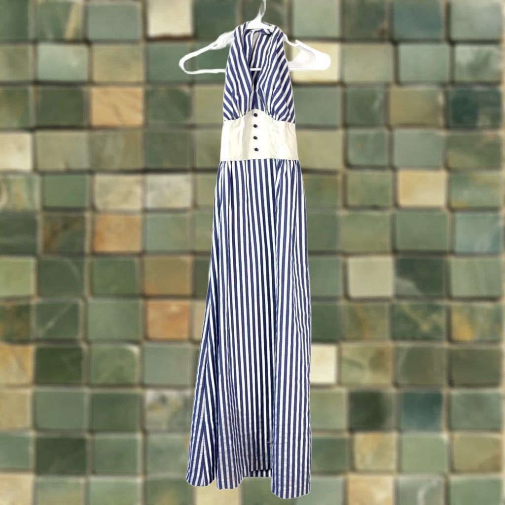 Vintage VINTAGE Blue White Stripe Halter Maxi Dress A-Line Tea Party Summer Women XS Summer Beach Nautical Vintage Tea Party Womens Sleeveless Halter Dress Size XS / US 0-2 / IT 36-38 - 1 Thumbnail