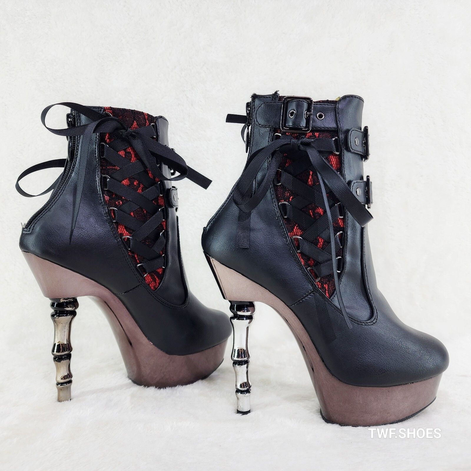 Other Muerto 1033 Red Lace Panel Finger Bone High Heel Platform An Size US 7 / IT 37 - 5 Thumbnail
