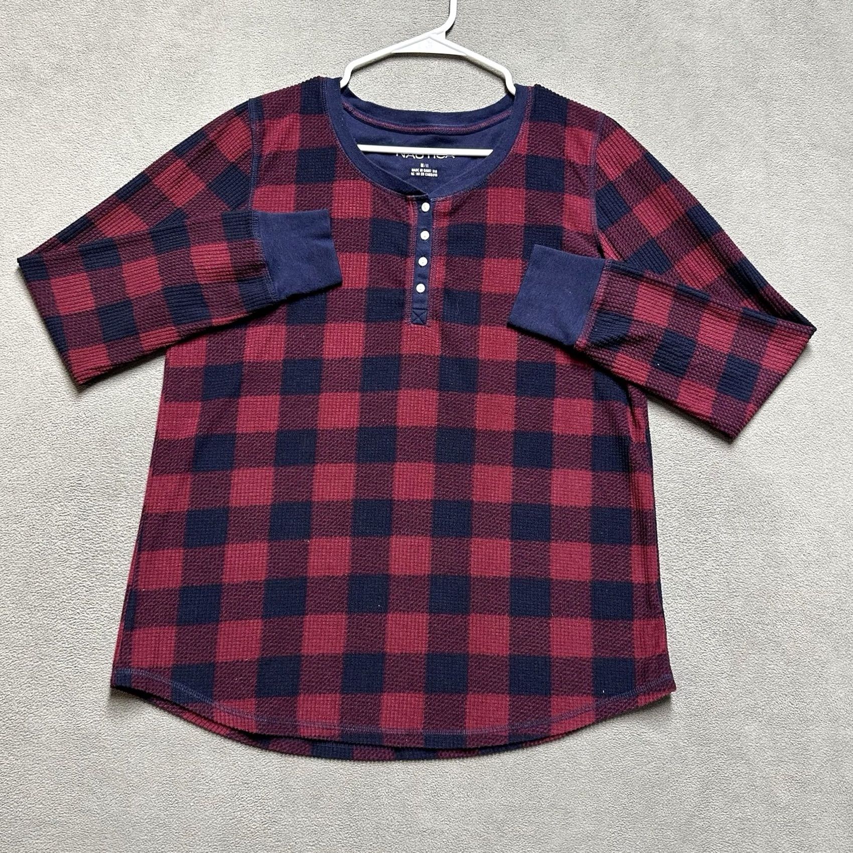 Nautica Nautica Shirt Womens Medium Red Plaid Henley Thermal Knit Casual EUC Size M / US 6-8 / IT 42-44 - 2 Thumbnail