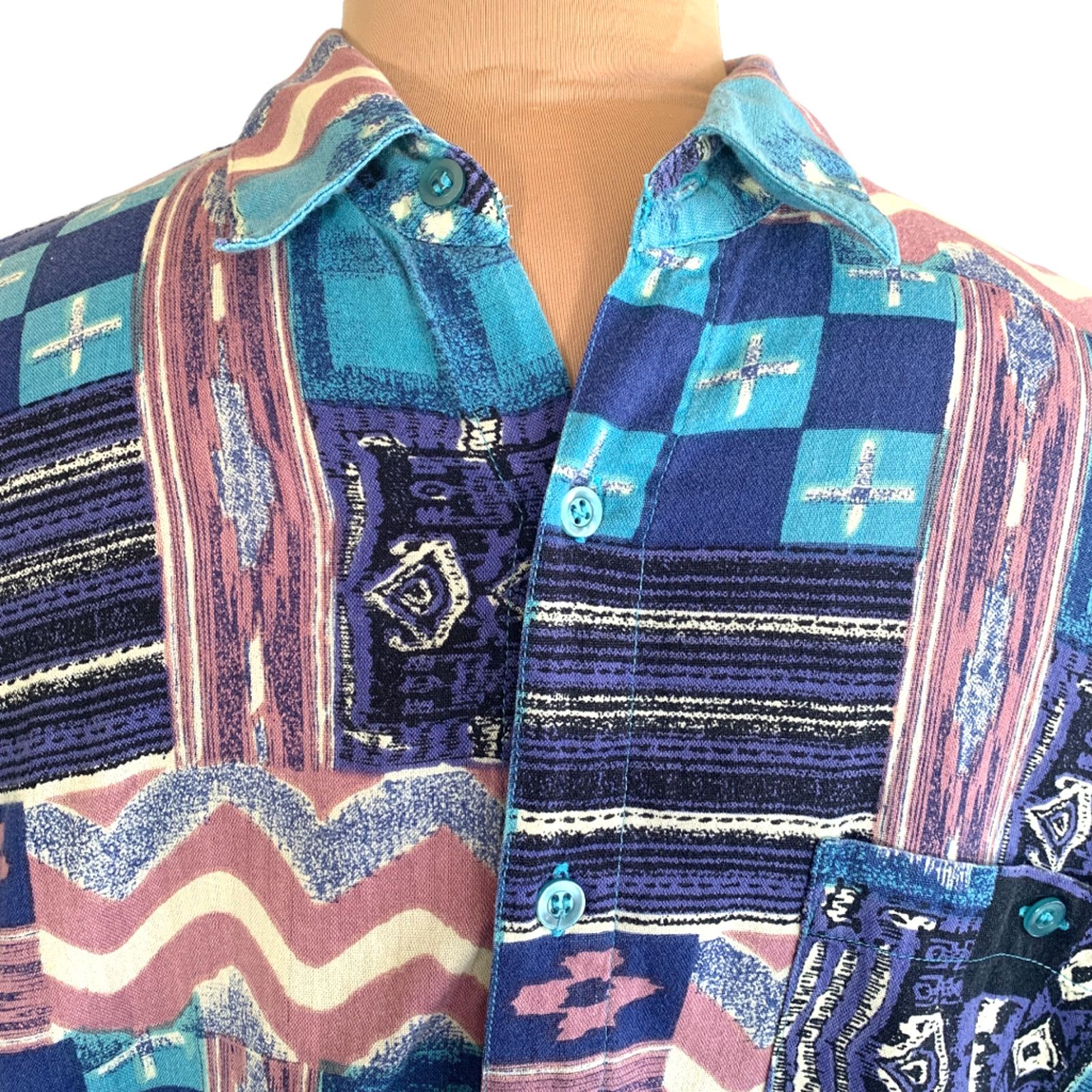 Vintage Vintage Van Heusen 90s Patchwork Button Up Shirt Turquoise Size US L / EU 52-54 / 3 - 7 Thumbnail