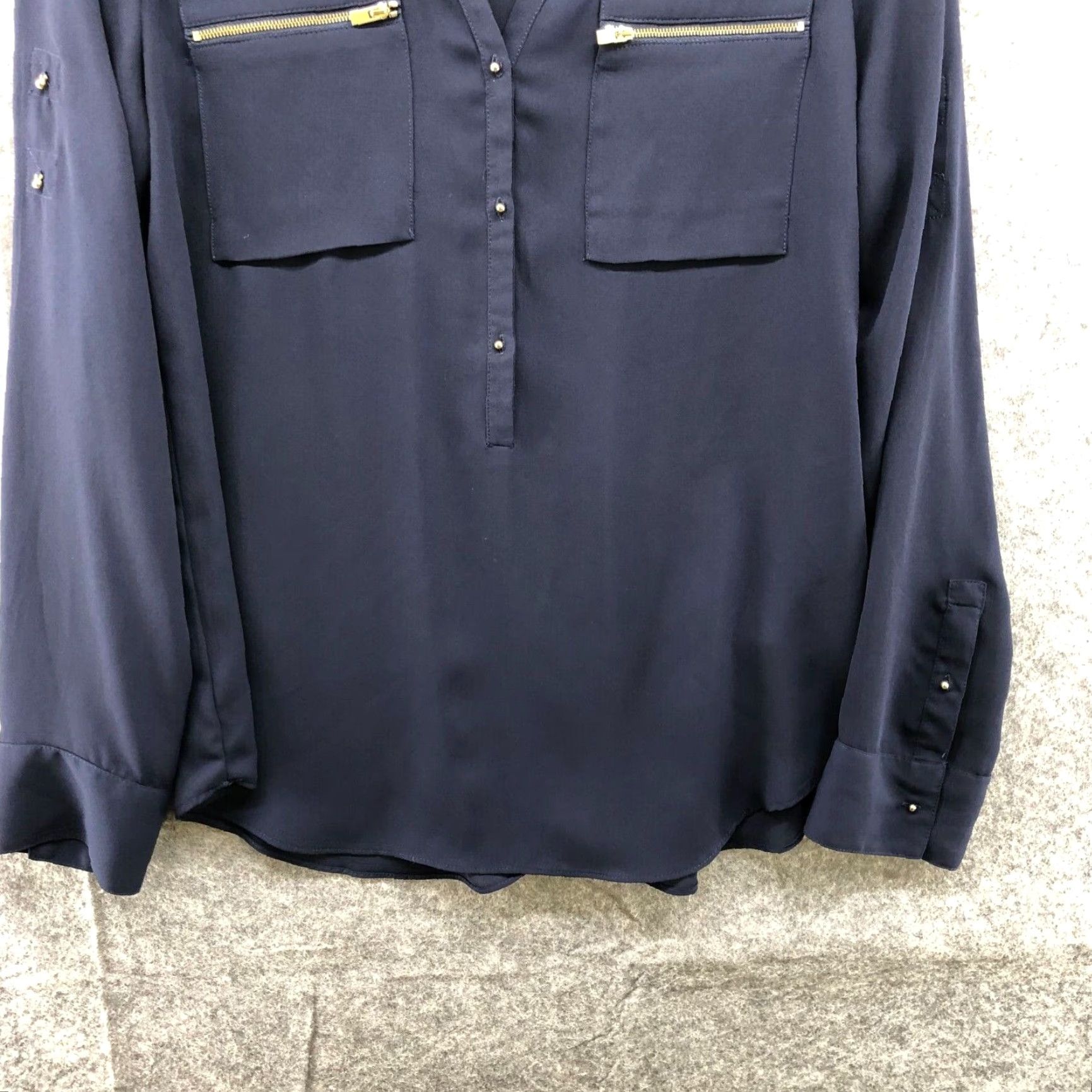 Express Express Blouse Womens S Chiffon Navy Blue Roll Tab Sleeve V-Neck Button Pockets Zip Pocket Workwear Classic Basic 90s? Size S / US 4 / IT 40 - 4 Thumbnail