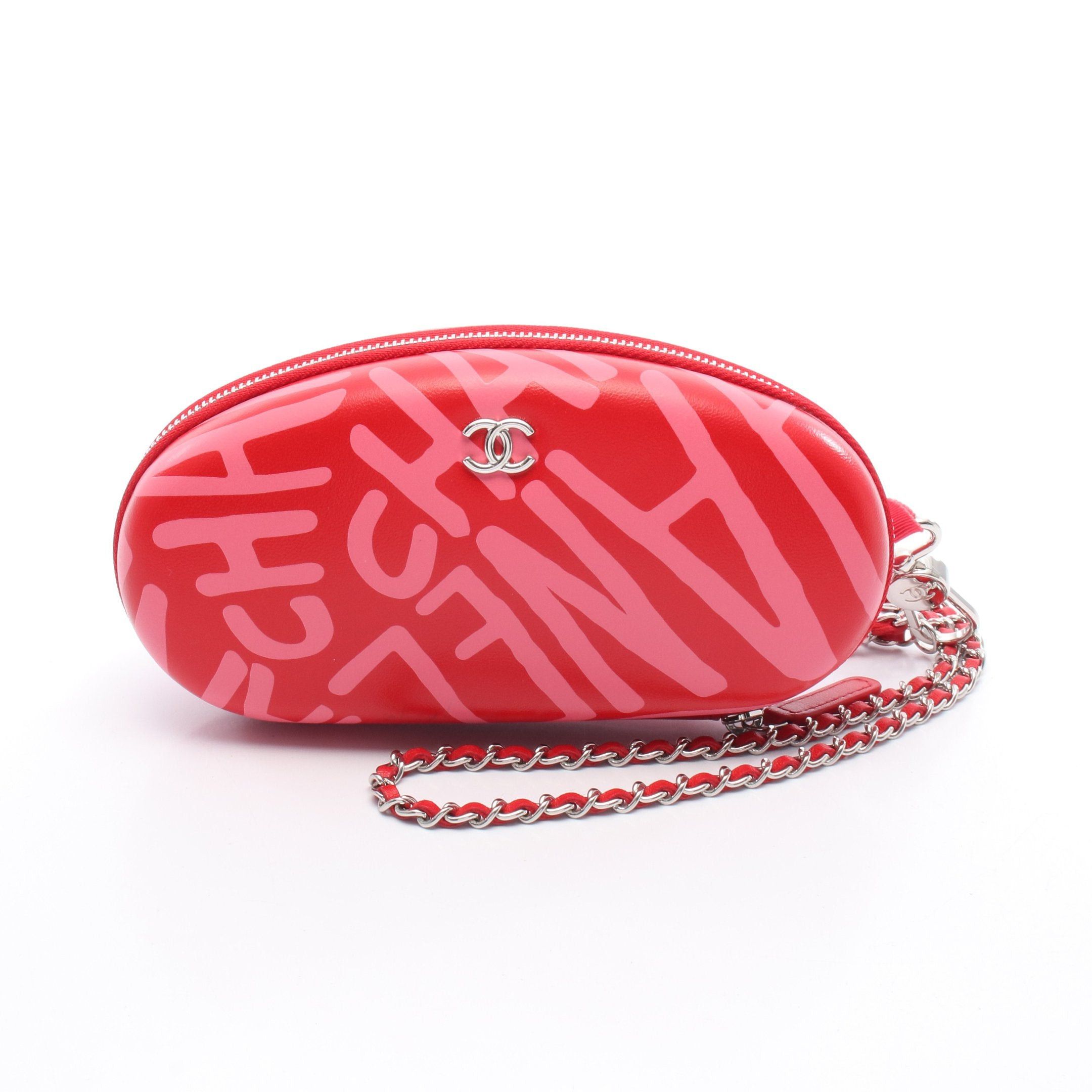 Chanel Coco Neige Convertible Zip Around Sunglasses Case Chain Shoulder Bag Leather Red Pink Silver Hardware, Women's