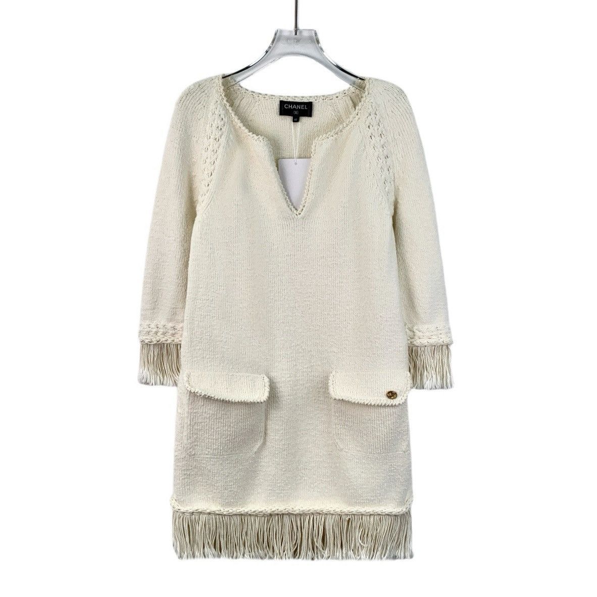 Chanel Chanel Beige Cotton V-Neck Long Sleeve Tassel Knit Dress Size M / US 6-8 / IT 42-44 - 1 Thumbnail