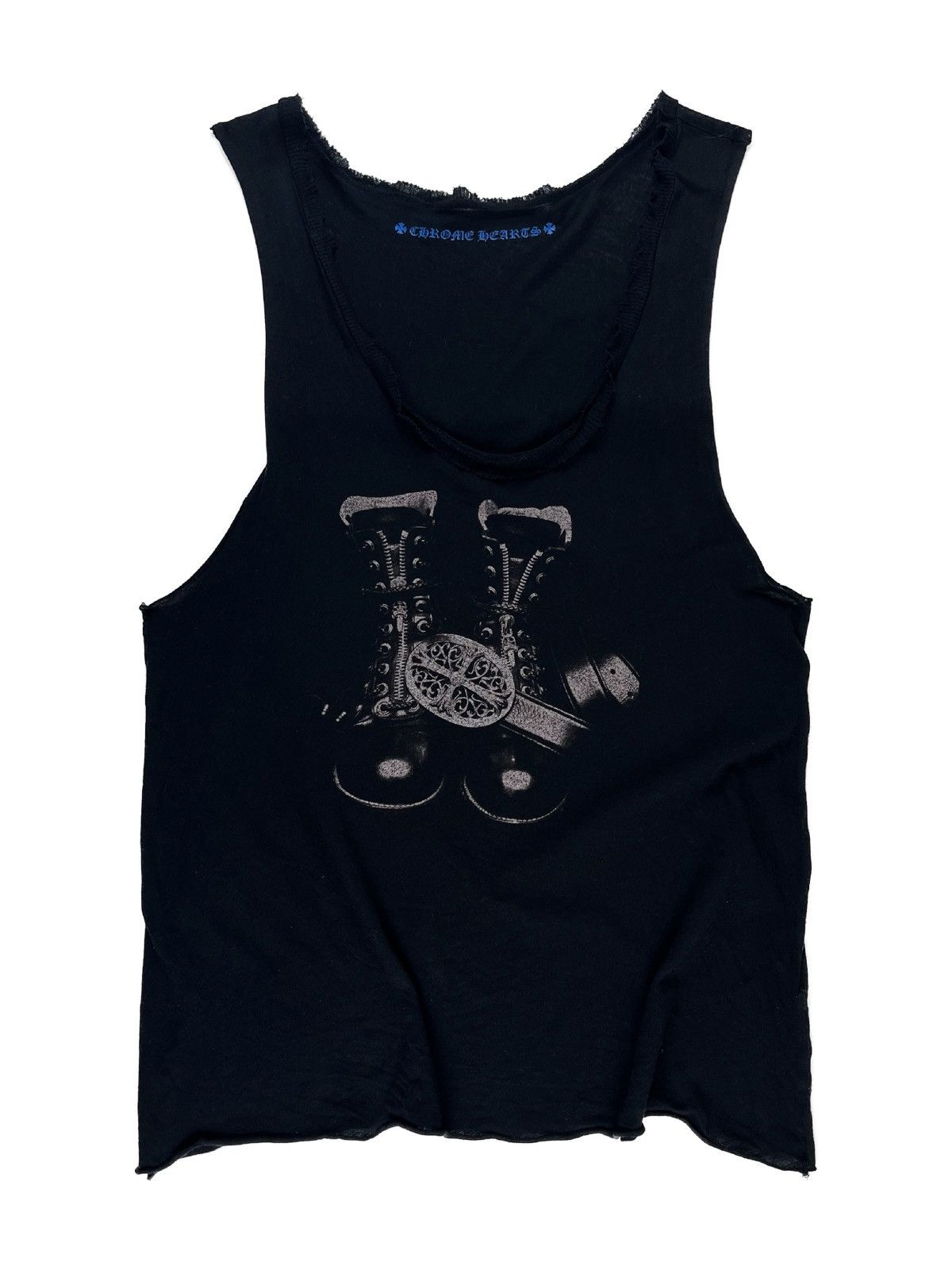 image of Chrome Hearts Oval Cross Belt & Boots Distressed Tank Top in Black, Women's (Size Small)