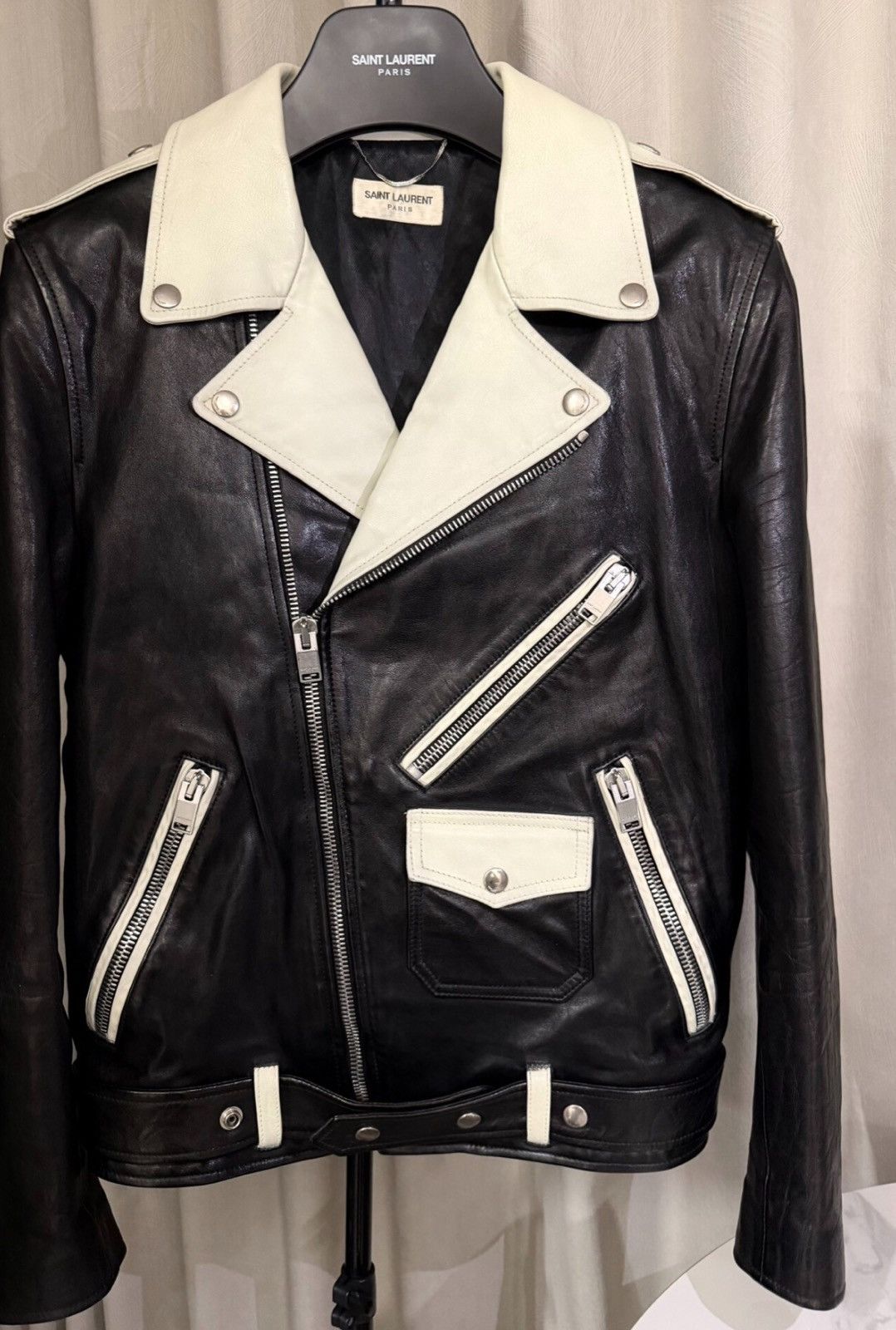 Saint Laurent Paris Saint Laurent 14FW Black & White Cowhide Motorcycle Jacket Size US L / EU 52-54 / 3 - 1 Thumbnail