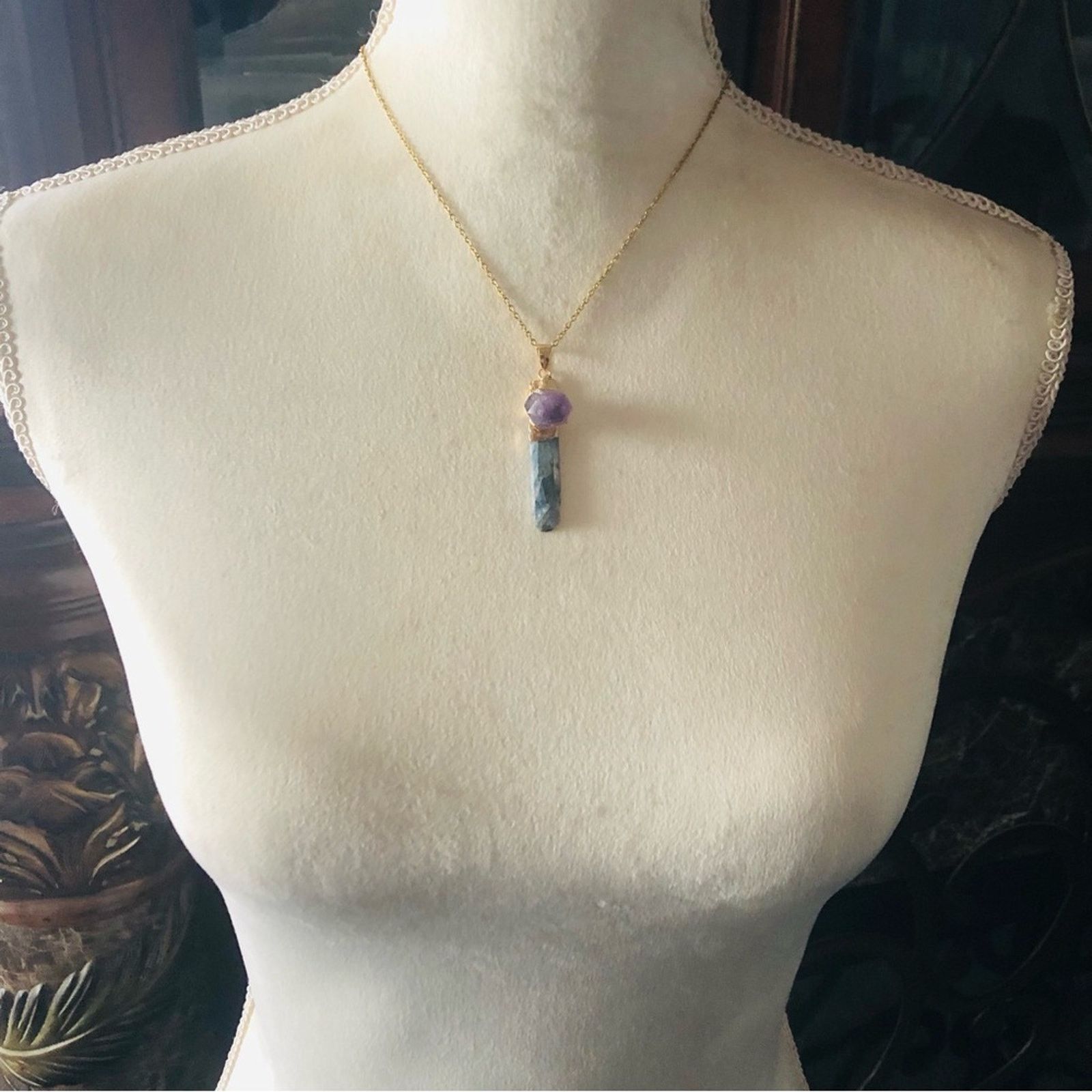 Handmade Handcrafted genuine kyanite and amethyst quartz necklace Size ONE SIZE - 11 Thumbnail